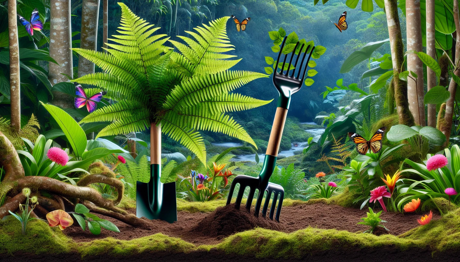 Create an amusing yet convincing image featuring garden tools from the Amazon rainforest area. Picture a fern-yielding shovel and a leaf-like rake having a fun time in a tropical garden. The tools seem to sprout from the ground as if they're plants themselves, blending naturally with their lush surroundings. The backdrop is a vibrant Amazon rainforest, bursting with diverse flora and a sprinkling of colourful butterflies. The image radiates a sense of fun and adventure associated with gardening, making it look not only like a necessary chore but also an enjoyable hobby.