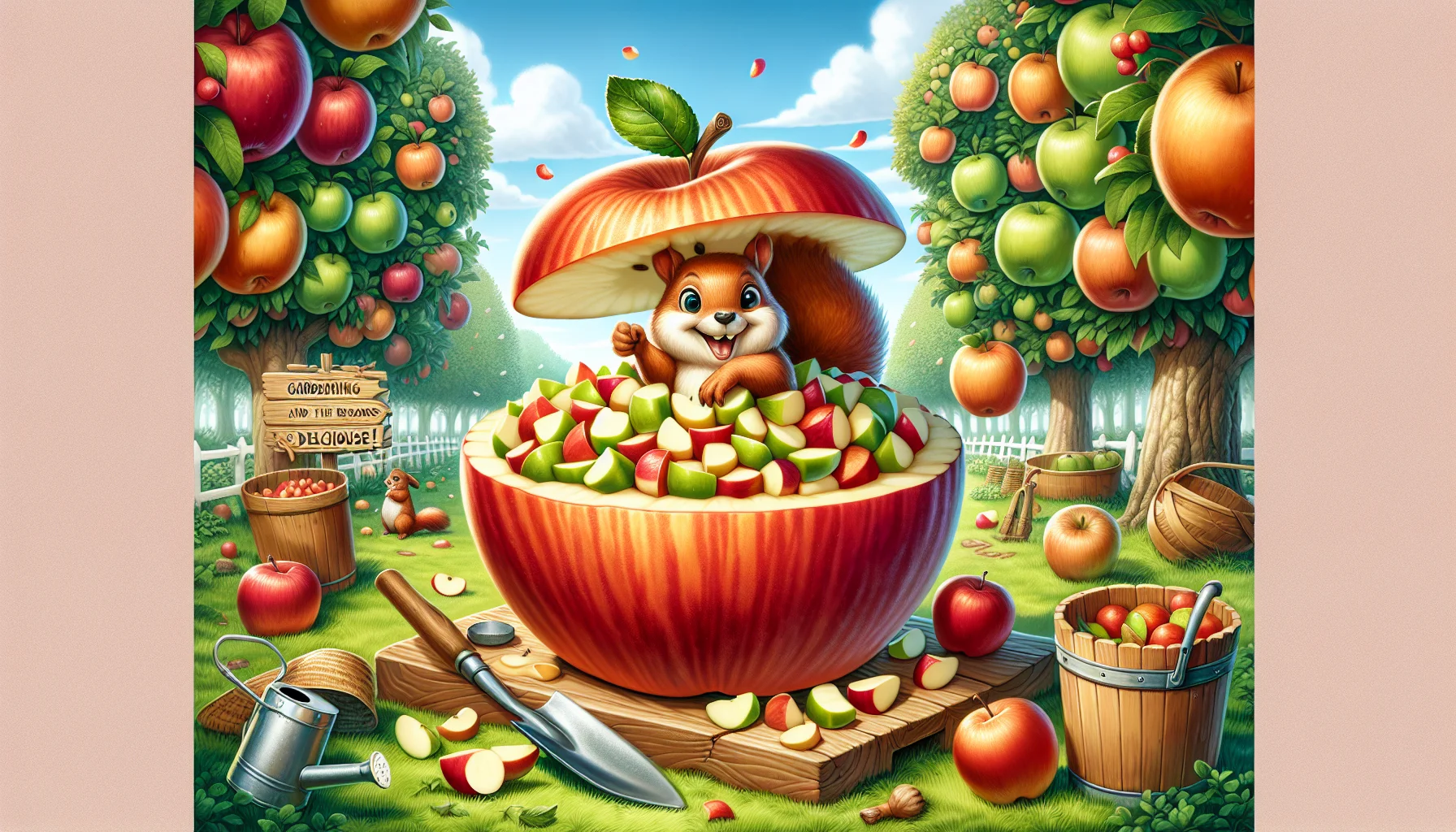 Generate a humorous and engaging scene of apple fruit salad. The image depicts an orchard scene with different varieties of apple trees, bearing rich, colorful fruits. A mischievous squirrel playfully tosses a core into a giant carved out apple acting as a bowl, filled with fresh, juicy diced apples - a visual representation of a delightful apple fruit salad. A few gardening tools like a spade, watering can and a straw hat suggestively lie nearby, highlighting the joy of gardening. A signboard reads, 'Gardening is fun, and the rewards are delicious!' All under a bright sunny day, enticing everyone to participate and enjoy gardening.