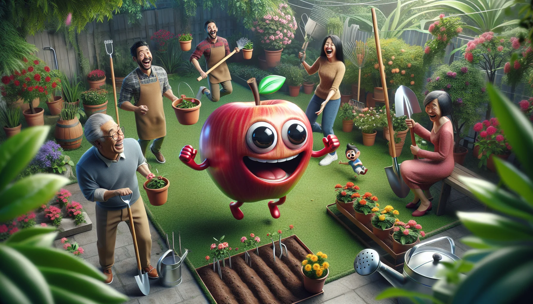 Create a realistic, detailed image of a humorous scene in a lush garden. The central focus is an apple-like fruit with cartoonish googly eyes and a broad smile. It's joyfully jumping around, encouraging people around it to take part in gardening activities. To its side, there are some garden tools - a shovel, a rake, and a watering can - also animated with similar cheerful expressions. The people in the image, an Asian man holding a pot of flowers with curiosity, a black woman laughing while holding a pair of gardening shears, and a white child planting seeds with eagerness, all reflecting the fun atmosphere.