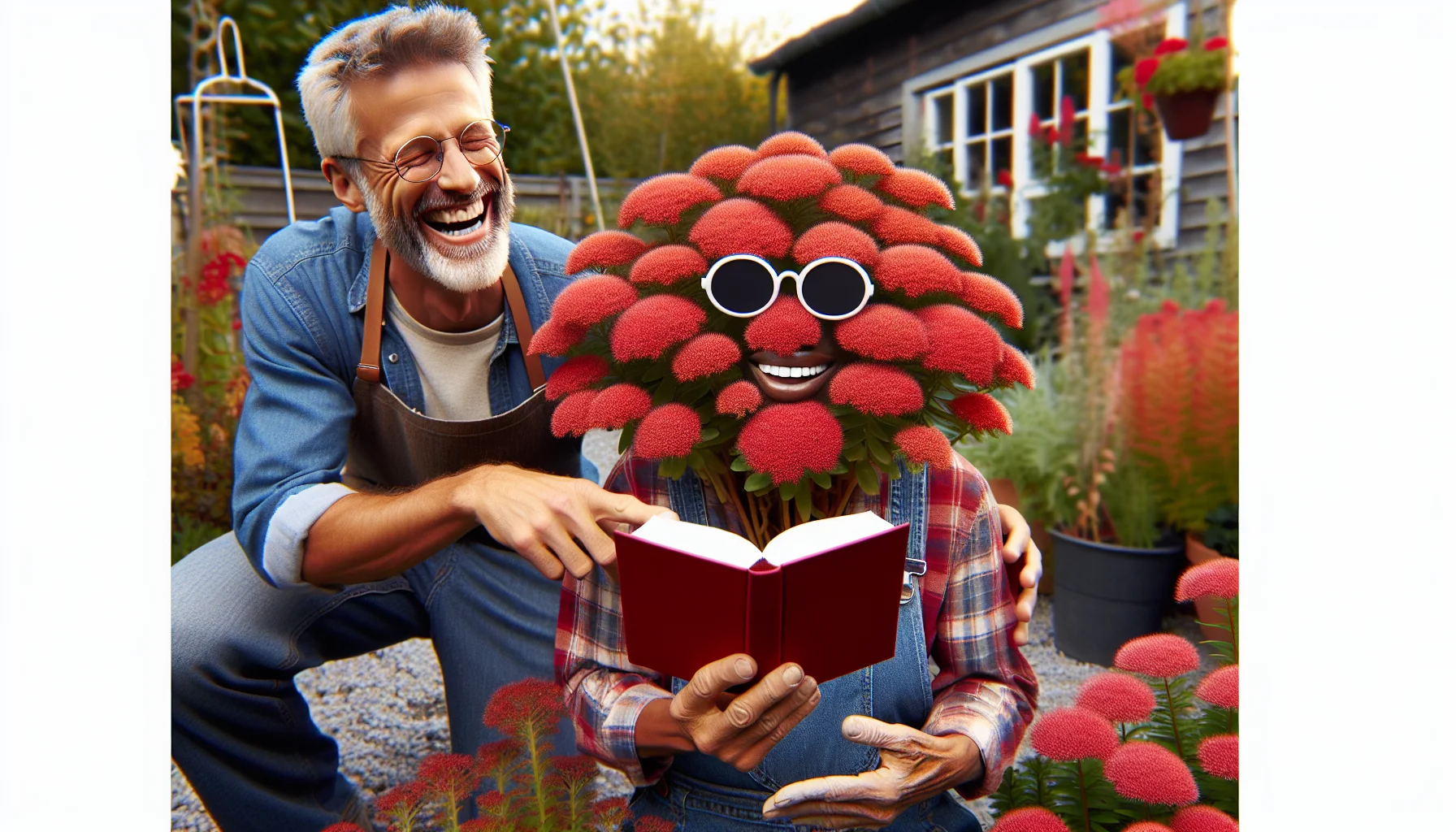 Craft an image displaying autumn fire sedum in a humorous situation meant to make gardening attractive. Picture it with vibrant red flowers revealing the essence of autumn. It might be wearing tiny sunglasses or reading a miniature book, providing a fun, anthropomorphic touch. The background could be a well-maintained garden with various plants and flowers blooming. Include a laughing middle-aged Caucasian man and a young, Black woman, both in gardening attire, who appear to be enjoying the quirky scene. Make the colours and atmosphere radiate the joy and benefits of gardening.