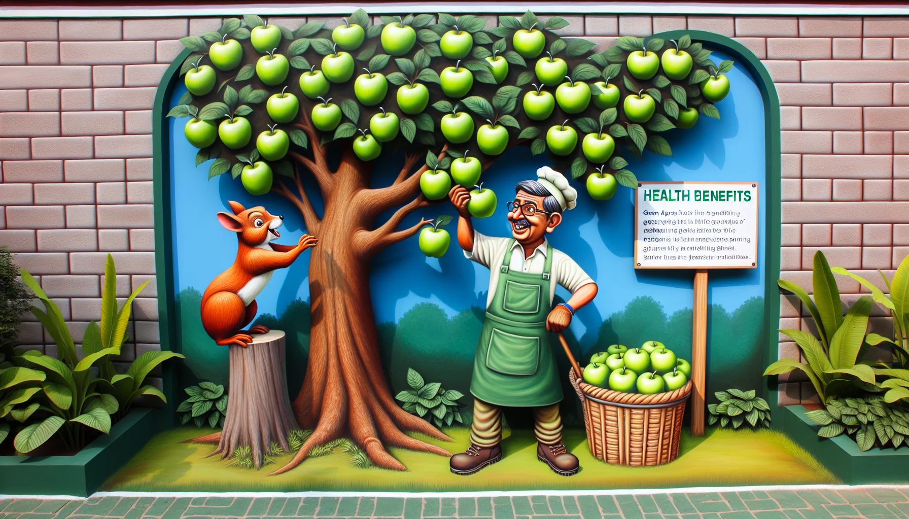 Craft an image showing a humorous scenario involving the advantages of green apples to inspire gardening interest. Picture an apple tree laden with bright green apples, a South Asian man in gardening attire amusingly struggling to keep an overly eager, slightly bigger squirrel from hoarding all the apples. Nearby, a covered signboard points to the health benefits of green apples, inciting a vibrant atmosphere of mirth and wellness. This scene should aim to blend realism, nature, humour, and the joy of gardening together in a playful, inviting manner.