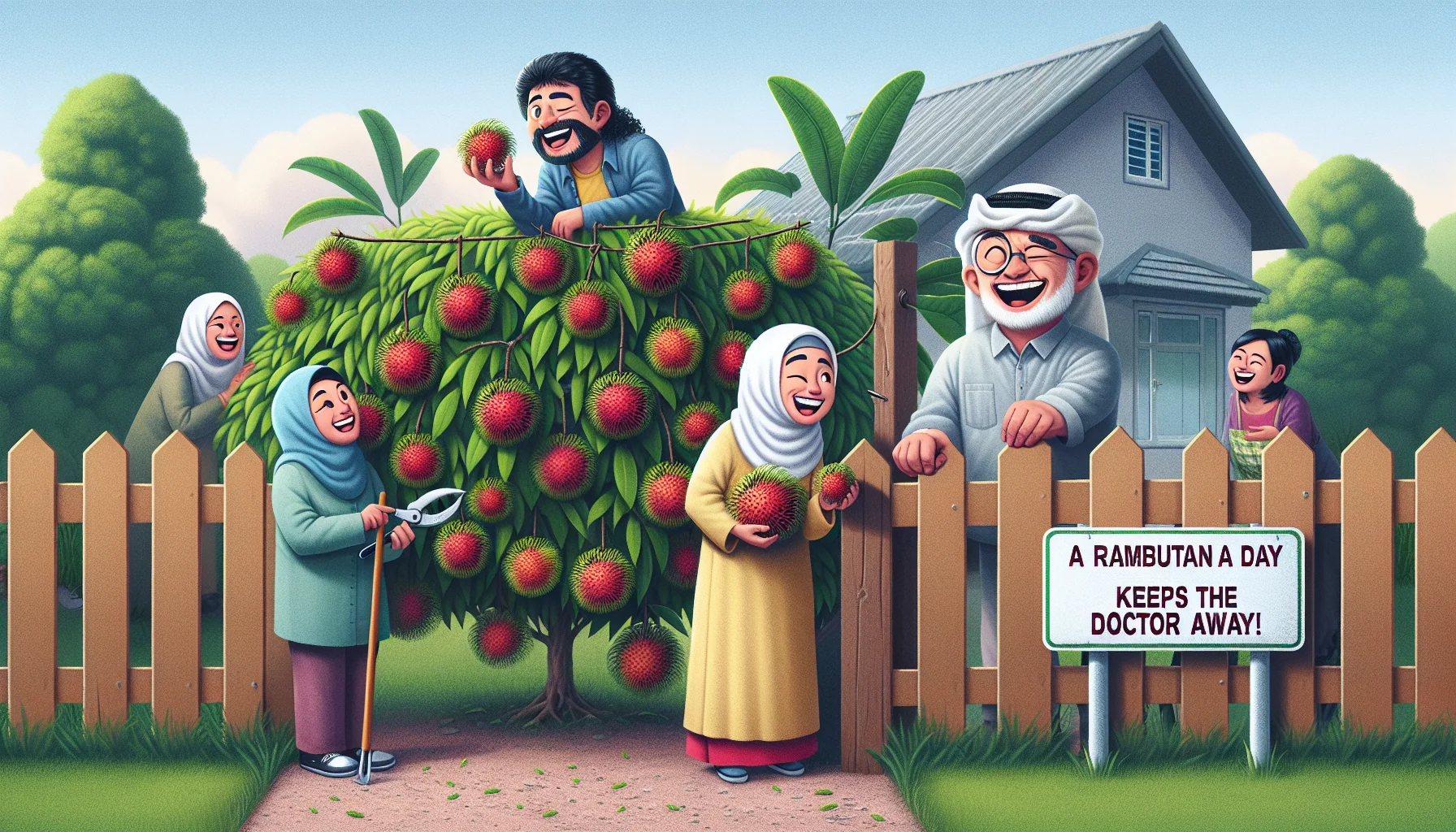 Create a funny and realistic scene of a suburban backyard garden where a Middle-Eastern male and a South Asian female are joyfully tending to their rambutan trees. The trees are laden with large, juicy rambutans which are drawing the attention of amused and envious neighbors of varying descents and genders peering over the fence. A signpost nearby humorously states: 'A Rambutan a day keeps the doctor away!' Nearby, a healthy, robust individual marks the contrast, showing the implied benefits of rambutan consumption, winking and holding a big, shiny rambutan fruit.