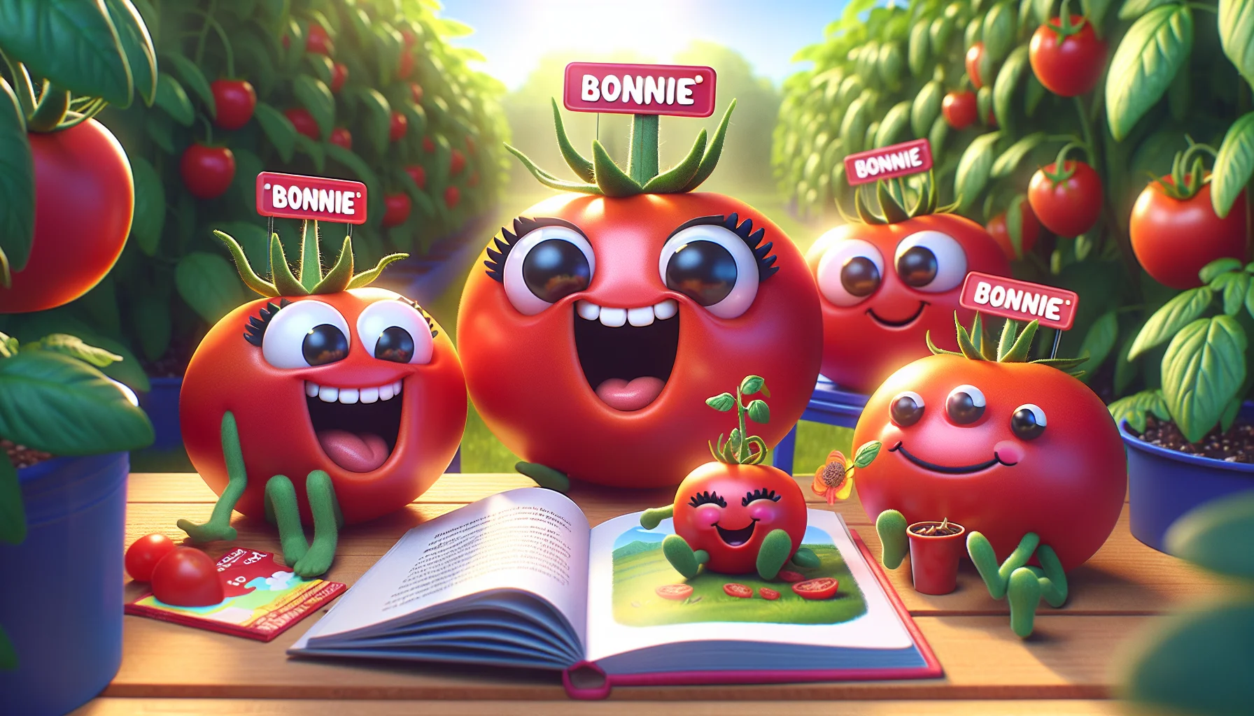 Visualize a humorous scene set in a vibrant garden. The focus is on ripe tomatoes with animated 'Bonnie' nametags, looking gleeful with exaggerated smiles and round eyes. As a playful perspective towards gardening, these tomatoes are doing daily activities just like humans — reading a book about growth, sunbathing under the radiant sun, or having a small picnic with other vegetable buddies. The atmosphere is lively and inviting, embodying the joyful spirit of gardening.