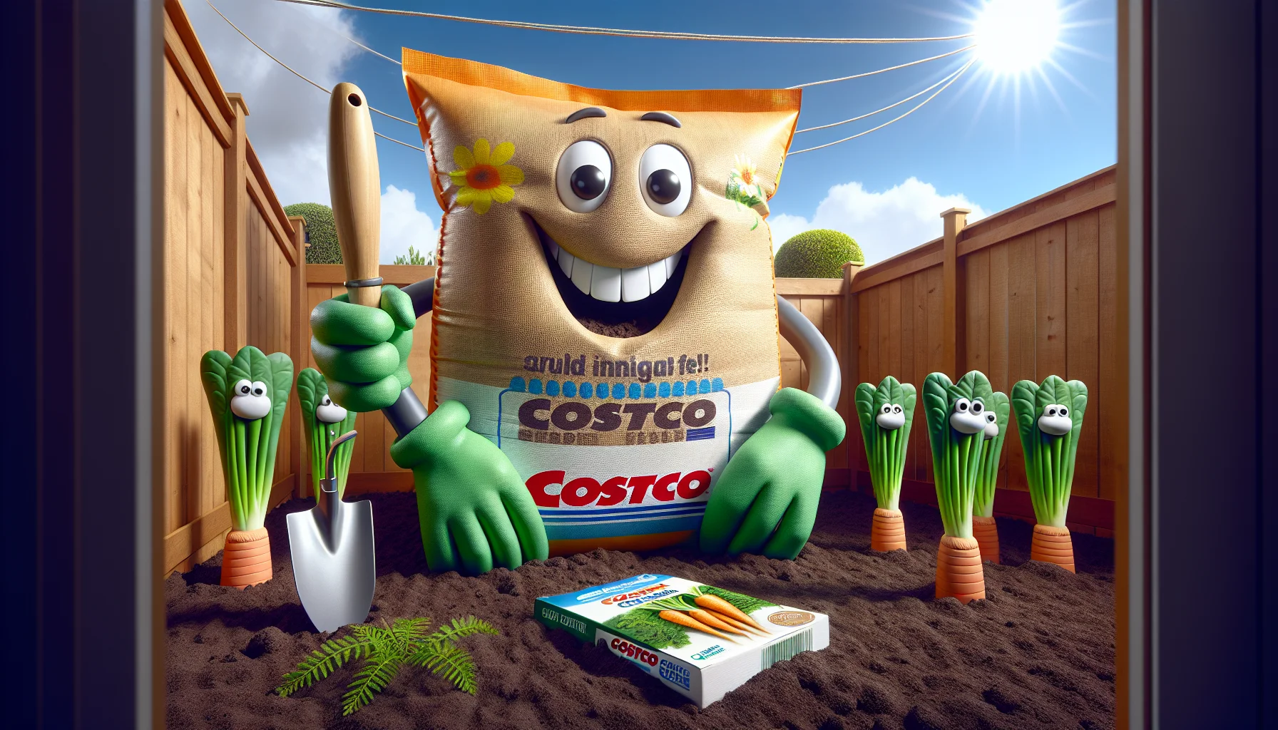An amusing scene is set in an imaginary backyard garden featuring an oversized bag of Costco garden soil as the star attraction. The bag is playfully animated with a charismatic smiling face. Its hands, formed with split seams, grasp a hand trowel and a packet of carrot seeds. Behind it, a row of green plants with expressive faces, eagerly await the incoming soil. With a blue sky and a shining sun overhead, the scene humorously creates an engaging atmosphere that promotes the idea of joy in gardening.