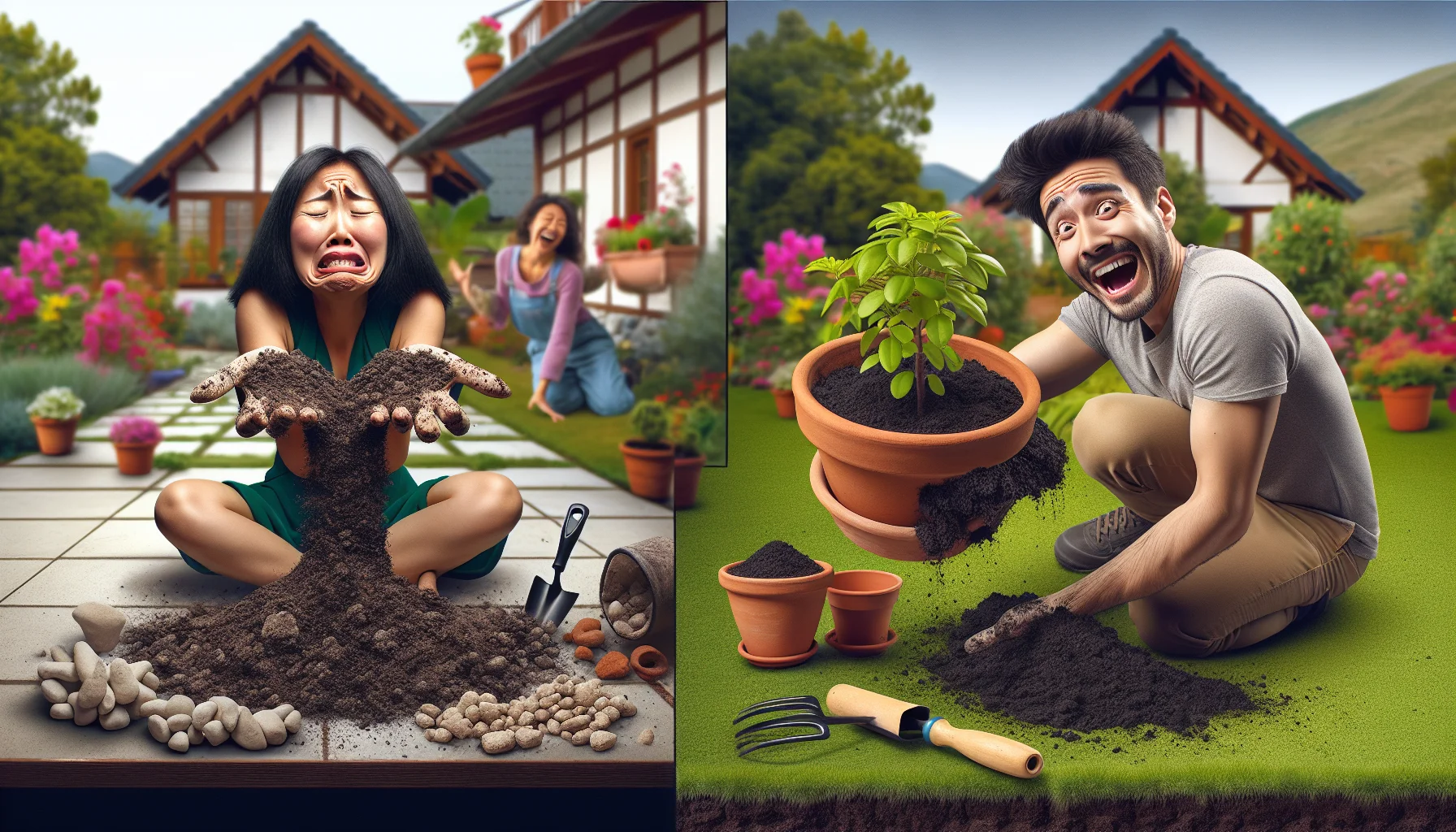 An amusing and enthralling scene showcasing the differences between potting soil and garden soil. On the left, there's a frustrated Asian woman struggling to plant a delicate seedling in a clay pot filled with heavy, chunky garden soil. Highlights of small stones and dense clay can be seen. On the right, there's a joyful Hispanic man easily planting a verdant seedling in another pot filled with light, fluffy potting soil with visible specks of perlite and peat moss. In the background, a vibrant, beautifully maintained garden beckons, reminding viewers of the joys of gardening.