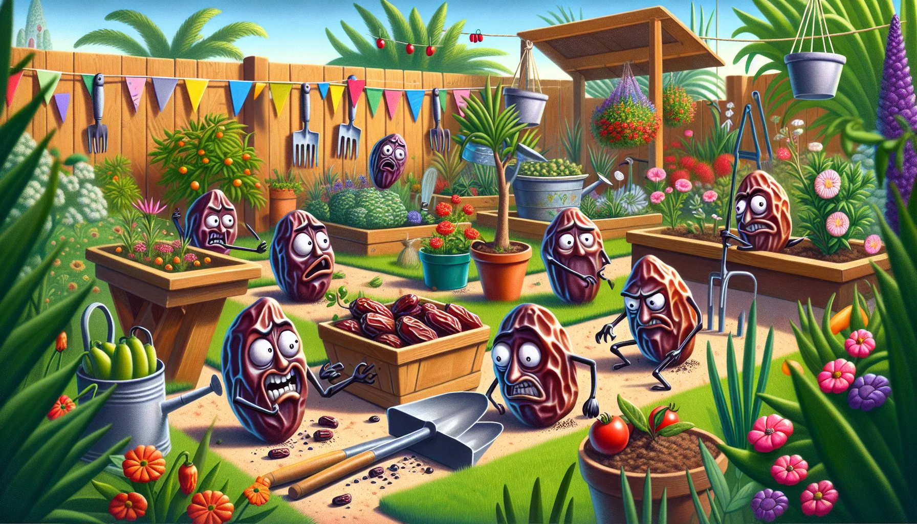 Create a humorous and realistic illustration that showcases 'dates' (the fruit) exhibiting characteristics of spoiling or 'going bad', in a way analogous to misbehavior. This is happening in a lively garden setting populated by variety of plants, flowers and garden tools. The image has a playful tone, possibly personifying the dates as they 'misbehave'. This scenario is designed to evoke laughter and draw people into the joy of gardening.