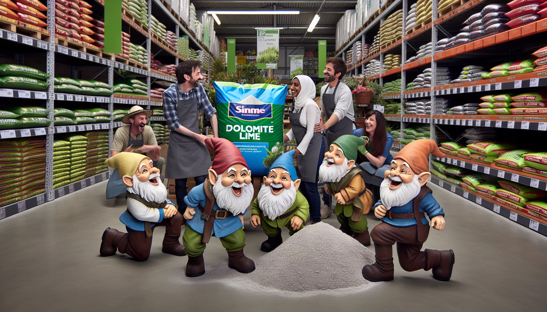 A fun and whimsical scene set in a hardware and garden supply store, similar to large home improvement retailers. In the center of the setting, a bag of dolomite lime, clearly marked and visible to the observer. Around it, an ensemble of cheerfully chatting garden gnomes, comically attempting to lift and shift bags of soil and lime, playfully encouraging shoppers to try gardening. A Middle-Eastern woman and a Caucasian man, both donning gardening hats, gloves, and aprons, are both laughing at the sight and joining in the mischief. The overall atmosphere is light-hearted, promoting a joyous and engaging gardening experience.