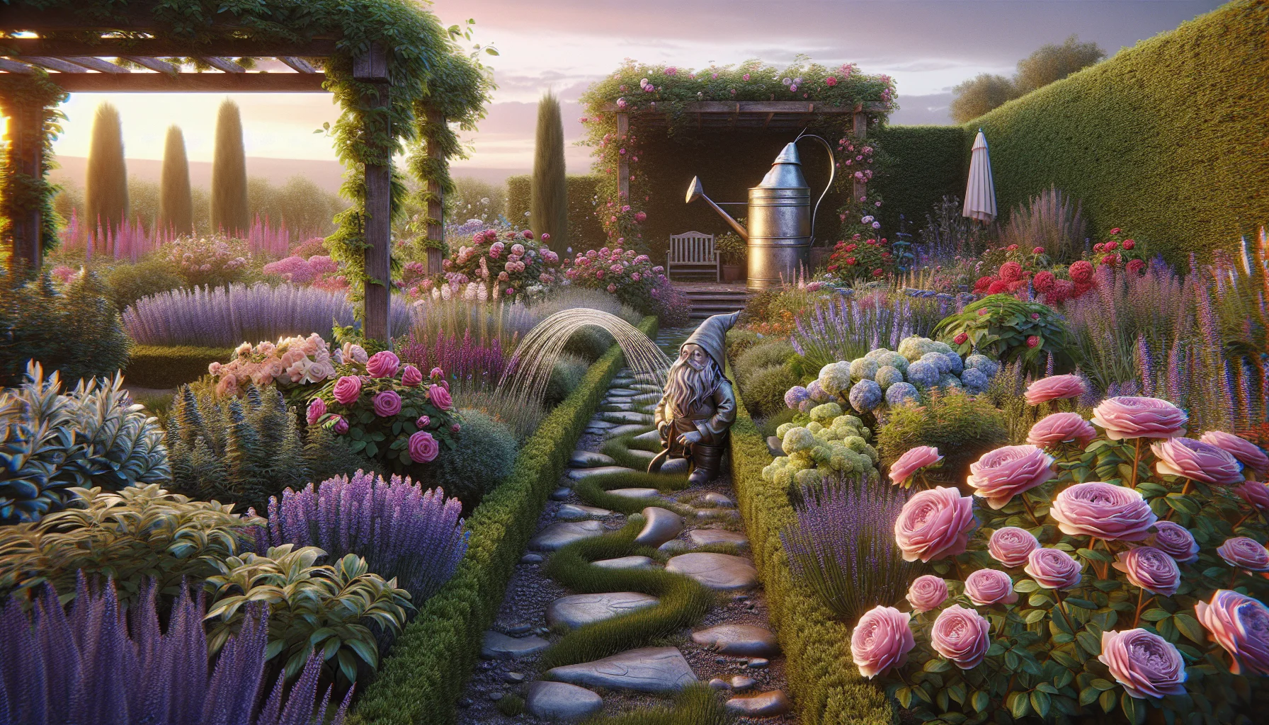 Create a realistic and whimsical scene of a beautifully elegant garden filled with a diverse range of plants - everything from roses, lavender, and hydrangeas to name a few, with neatly trimmed hedges, stone pathways weaving through, and a rustic wooden bench under a pergola. The garden is located in an open field with the soft glow of a sunset in the backdrop. A novel twist to the scene would be a humorous statue of a gnome wearing a gardener's hat, watering the colorful flowers with a gleaming, over-sized watering can. This image should exude the charm of gardening and entice people, conveying the joy and whimsy involved in gardening.