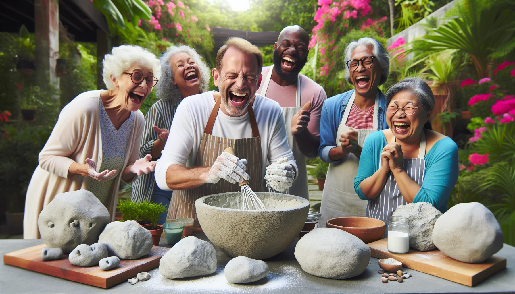 Create a charming, light-hearted scene of a faux rock recipe tutorial happening in a lush garden setting. The instructor, an enthusiastic middle-aged Caucasian man, is demonstrating the process with humor, joyfully mixing and shaping the concoction into whimsical stone shapes. Interested onlookers, a diverse mixture of an elderly Hispanic woman, a young Black man, and a South Asian child, are laughing heartily, trying out the recipe themselves by creating humorous, oversized rocks. The quirky rocks, the shared laughter, and the vibrant garden in the backdrop evoke a joyous atmosphere, conveying the idea that gardening can indeed be fun.