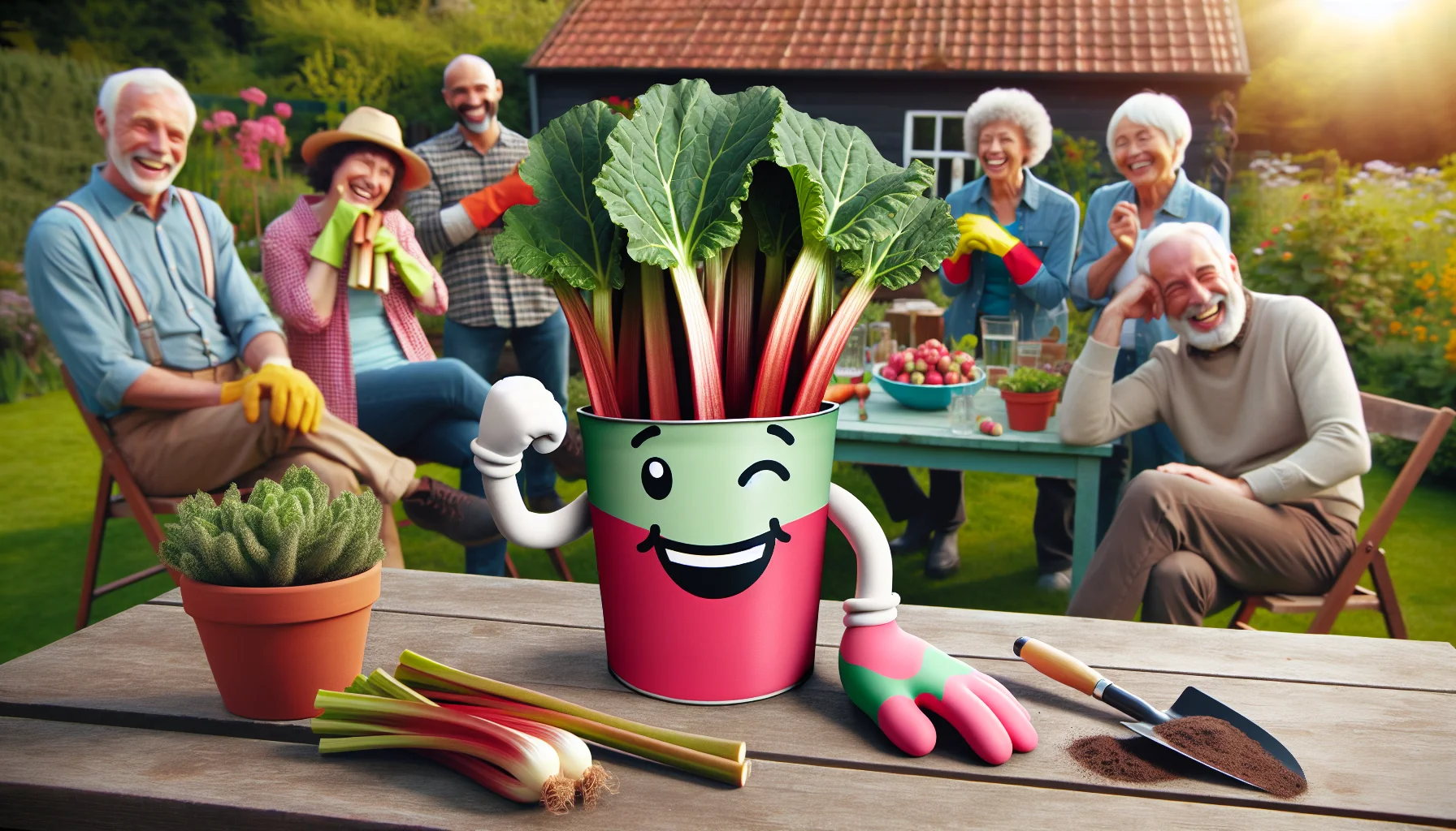 Think about a humorous scene which involves gardening and growing rhubarb. Picture a sunny garden space where a big bag of rhubarb fertilizer sits grandly on a garden table. This bag of fertilizer is unique: it has cute, comical, anthropomorphic traits like a friendly smile and wink, holding up the vibrant, oversized rhubarb it has helped grow. In the background, you can see diverse group of people of various ages, genders, and of different descents like Caucasian, Hispanic, and Black, all wearing gardening gloves and hats, amused and laughing at the scene.