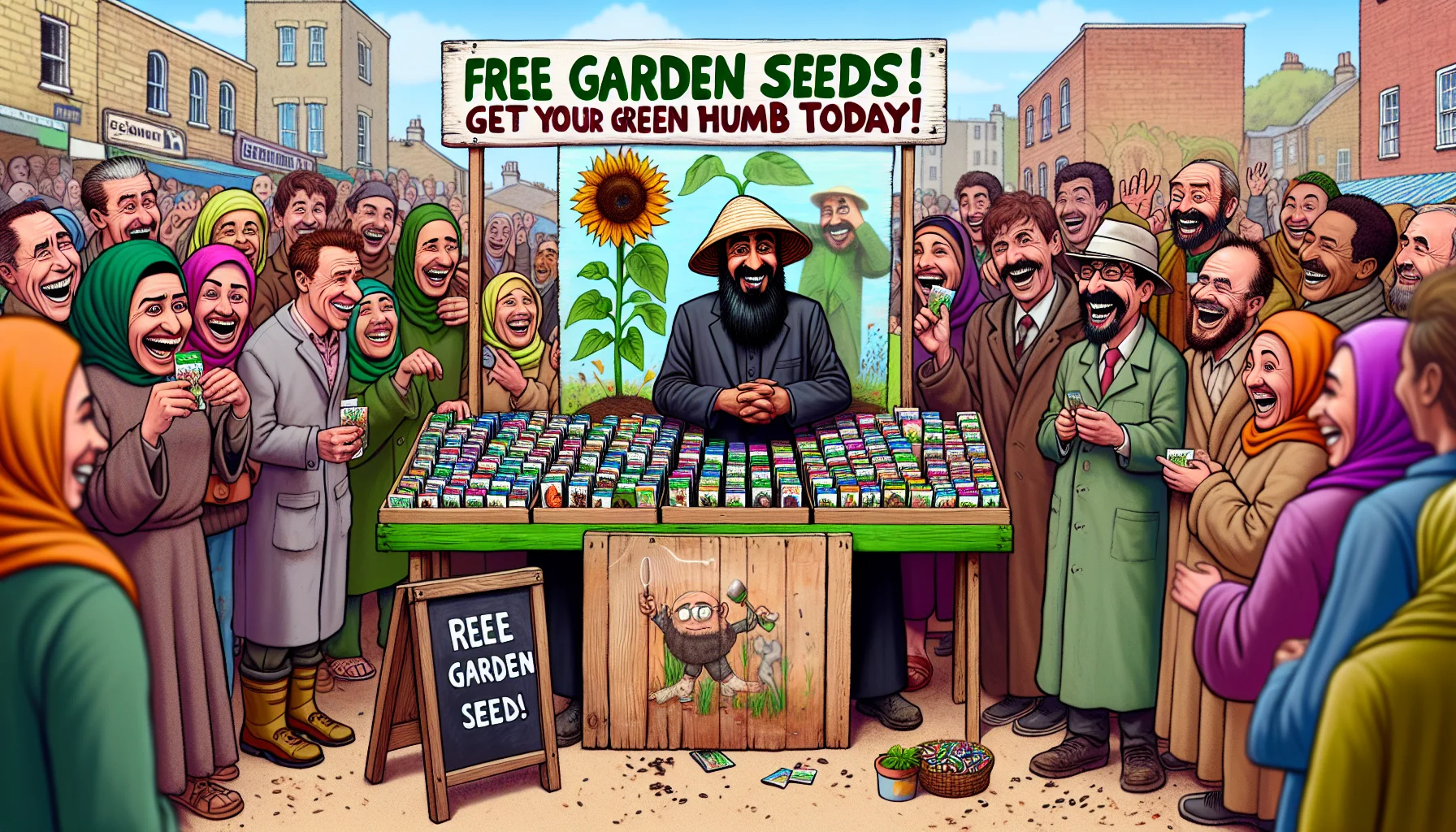 Imagine a humorous scene set in an open-air market. Middle-Eastern gardener is standing behind a colorful stall filled with packets of free garden seeds. He is wearing a sun hat and a warm smile. A wood sign hangs in the background displaying the words 'Free Garden Seeds! Get Your Green Thumb Today!' in bold, colourful letters. Around him, people of different descents and genders are laughing and enjoying themselves as they eagerly pick free seeds. A chalkboard propped up next to the stall displays a comic illustration of a sunflower with exaggerated facial expressions, reminding viewers gardening can be fun.