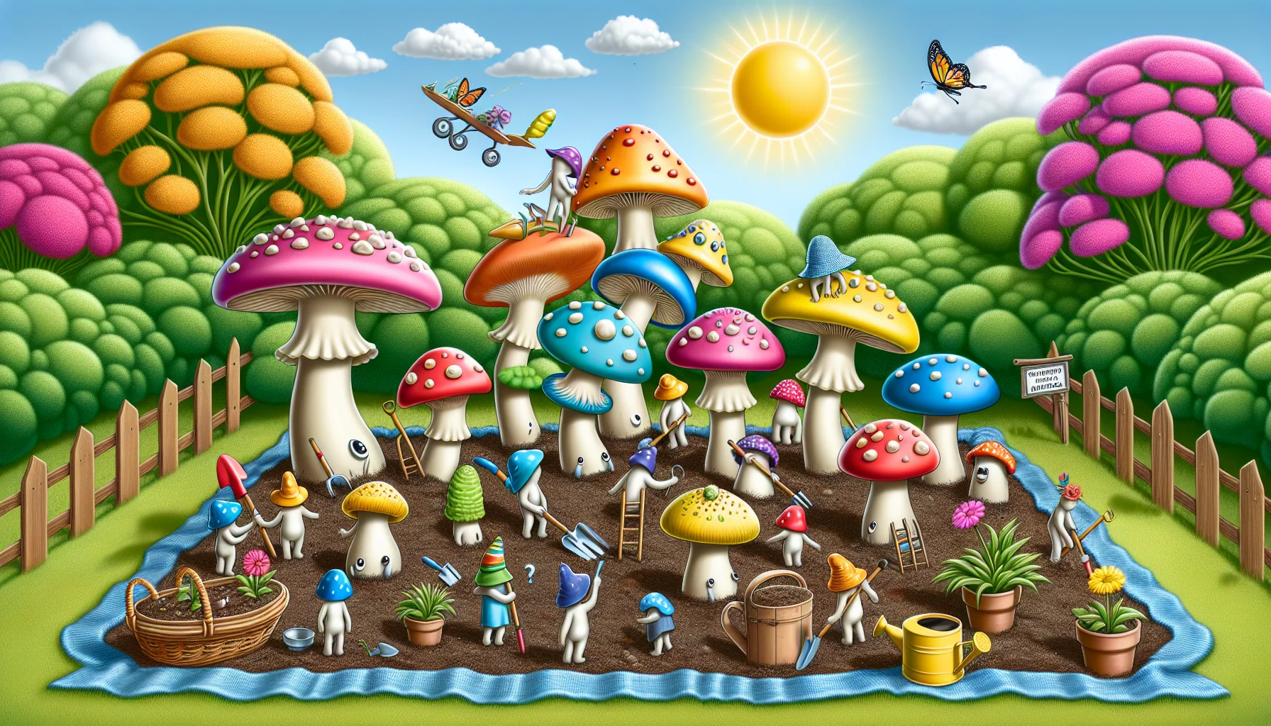 Create an image that depicts a humor-infused scenario in a garden setting. Display an assortment of colorful, amusingly-shaped fungi sprouting from the soil. Integrate elements such as gardening tools playfully being used by tiny, imaginary, well-dressed creatures, each of a different descent - one could be East Asian, another Black, and another Middle Eastern for variety. Further add a bright sun, blue sky, cheerful flowers around, encapsulating the joy of gardening. Please, render in a realistic style.