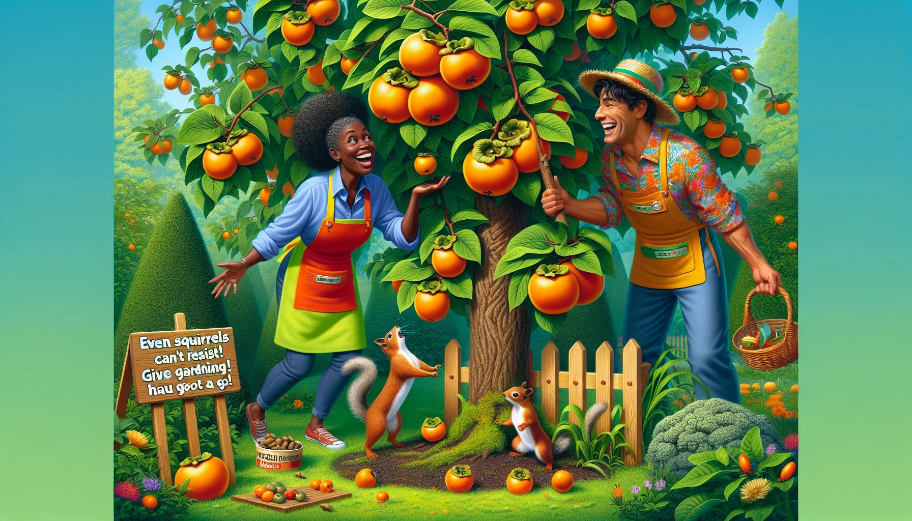 Imagine a vibrant and realistic scene in a lush green garden. In the center of the scene, there is a tree bearing ripe Fuyu persimmons, its fruits glowing orange amidst the green foliage. A Black woman and a Caucasian man, both wearing colorful gardener's attire, are laughing heartily as they notice a pair of squirrels in a playful tug of war over a fallen persimmon. A wooden signboard near the tree has a playful message that reads 'Even Squirrels Can't Resist! Give Gardening a Go!' The scene encapsulates the joy and intrigue that gardening can bring, inspiring viewers to take up the hobby.
