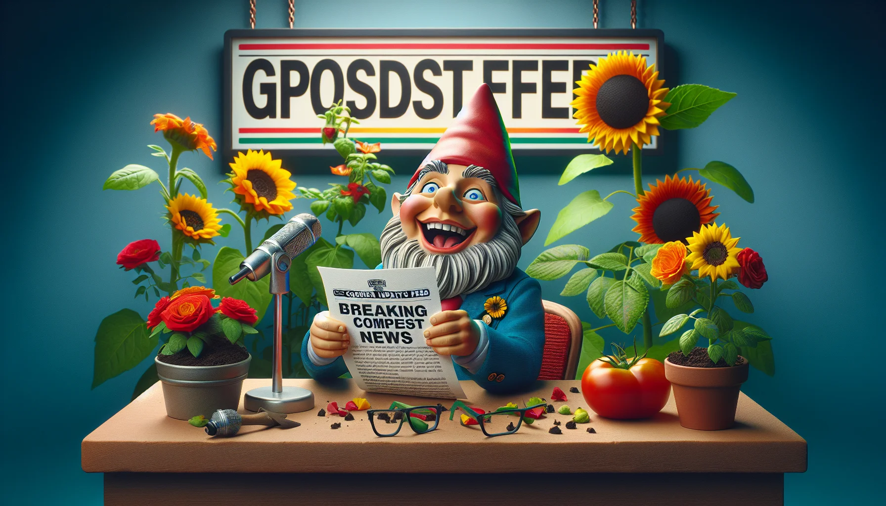 Create a humorous and realistic image that promotes the joys of gardening. Picture this: A garden gnome with exuberant facial expressions is sitting behind a news desk, microphone in hand. He is surrounded by vibrant sunflowers, roses, and tomatoes plants that are popping their heads into the frame, appearing as 'guests' on the show. The backdrop features a large sign that says 'Garden Updates Feed'. The gnome is going over a sheet of paper labeled 'Breaking Compost News', attempting to decipher it with a comical pair of oversized reading glasses. This playful scene encourages viewers to find the fun in gardening.