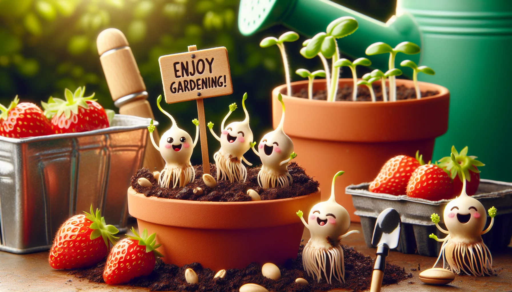 Imagine a whimsical scenario where small germinating strawberry seeds are putting on a garden show. They have little faces full of enthusiasm and tiny green sprouts as arms, waving cheerfully. They're perched on rich brown soil that glistens with life in a terracotta pot next to a small comical wooden sign that reads 'Enjoy gardening!'. The background has garden tools lying around playfully, a watering can is giving the performance spotlight as if it's the sun, and there's an audience of various flora enjoying the show, emitting a fulsome and enthusiastic vibe enticing people to join the joy of gardening.