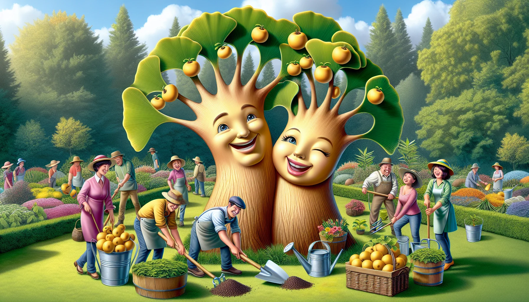 Create a whimsically realistic scene illustrating a male and female Ginkgo tree in a gardening setting. The male tree, broadly leafed and robust, sports a confident grin, while the female tree, laden with healthy fruit, playfully winks at the audience. They are anthropomorphized humorously, each exhibiting quirks while promoting the joy of gardening. Nature-loving onlookers of diverse descent and gender enthusiastically engage in tree care, adorning the scene with vibrant colors. Use an abundance of symbolic details to infuse the image with a sense of infectious excitement for horticulture.
