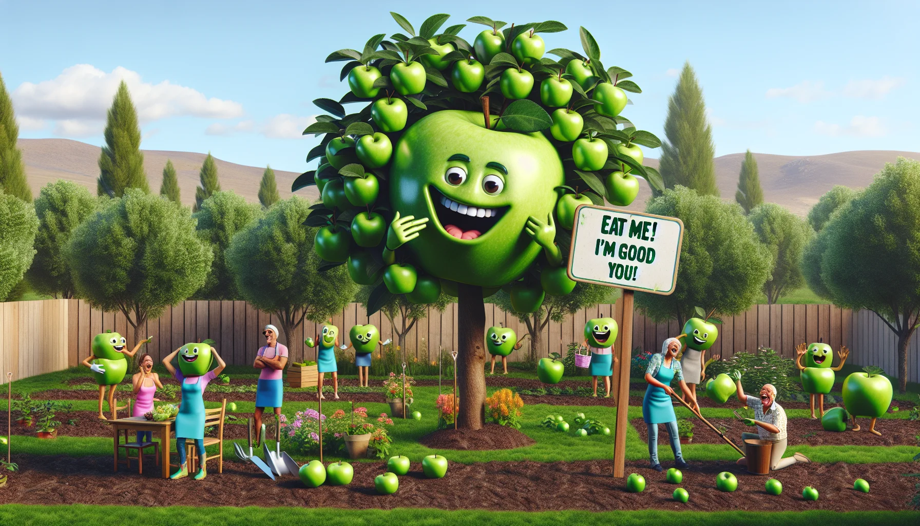 Generate a realistic image illustrating the benefits of green apples in a comical manner. Showcase an amusement-filled scene in a garden where individuals of various descents and genders are joyfully involved in gardening activities, alongside cheekily grinning green apple trees. The apple trees are playfully throwing fruits upwards, suggesting they want humans to eat them. Beside the tree, include a humorous sign saying 'Eat Me! I'm Good for You!' highlighting that green apples are good for health.
