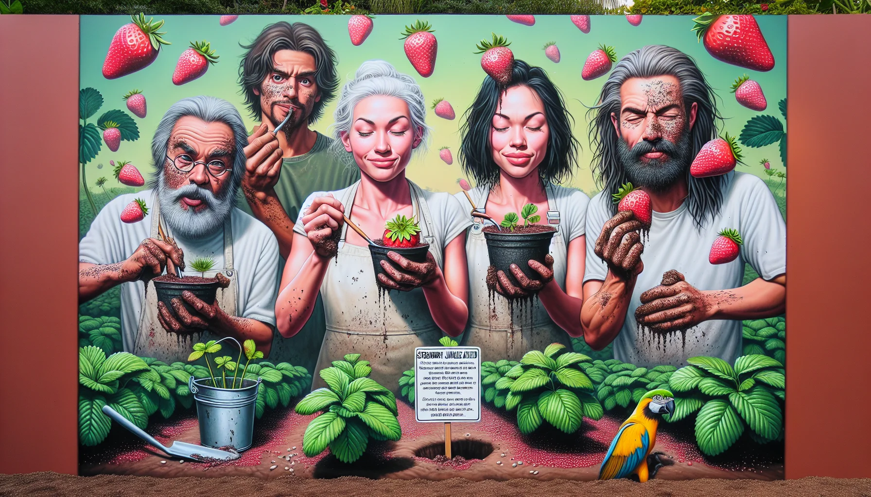 Envision a humorous, realistic image of gardening that encourages people to partake in the activity. The focal point centers white, black, and Hispanic individuals who are showing the process of growing strawberries from seeds. They have dirt smudges on their faces, their hair is adorned with strawberry leaves and their attire is sprinkled with seeds, indicating their deep immersion in the activity. A parrot nearby, trying to poke at a strawberry plant with its beak, adds a whimsical touch. A sign on the corner of the garden reads 'Strawberry Jungle Ahead: Enter At Your Own Sweet Risk'.