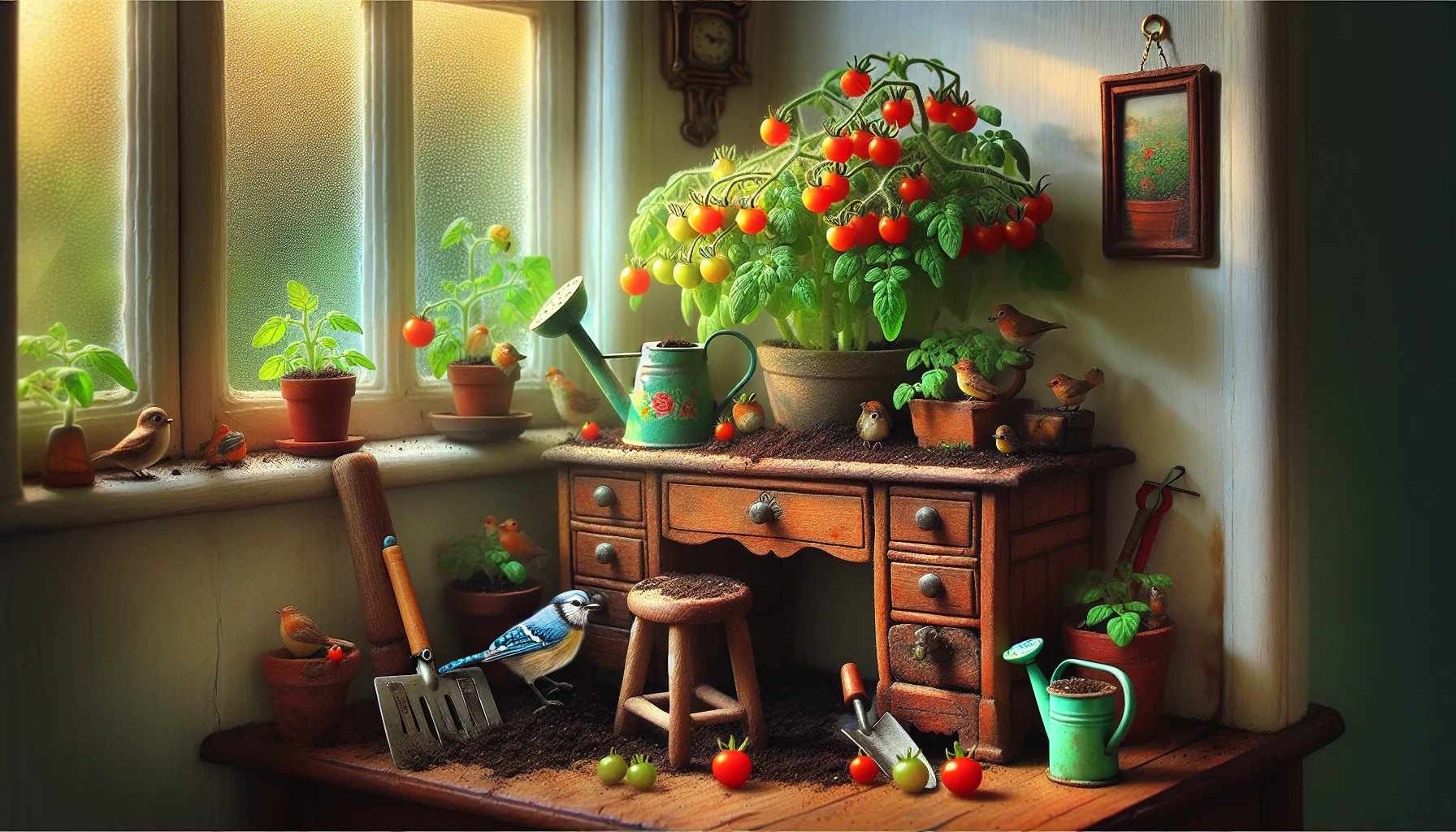 Showcase an endearingly whimsical scene set indoors. Picture a small, vibrant green cherry tomato plant blooming profusely in an unexpected place – sitting atop a playful, antique wooden desk! The desk is crowded with gardening tools - a tiny watering can, a sweetly worn pair of gardening gloves, potting soil, and a mini-rake. Sunlight streaming from a frosted window above creates a dappled light effect. Feathered friends, a blue jay and a robin, perch on the window sill, peering in curiously. Teeny-weeny, glossy red cherry tomatoes pop against the foliage, tempting observers to venture into the charming world of indoor gardening.