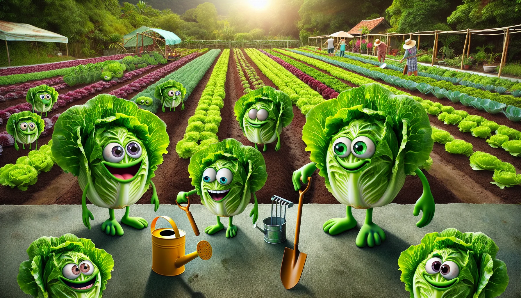 Generate an image that portrays a humorous scene of growing head lettuce. Picture a lush vegetable garden under the bright sunlight. A few head lettuces are displayed with exaggerated cartoonish eyes and smiles. Their long green leafy hands hold tools like a tiny shovel, hoe, and watering can, playfully suggesting as if they are taking care of themselves and each other. The background shows beautifully organized rows of other vegetables, mingling in this fun-filled gardening environment. Make the image lively, colorful, and detailed in order to capture the joy and attraction of home gardening.