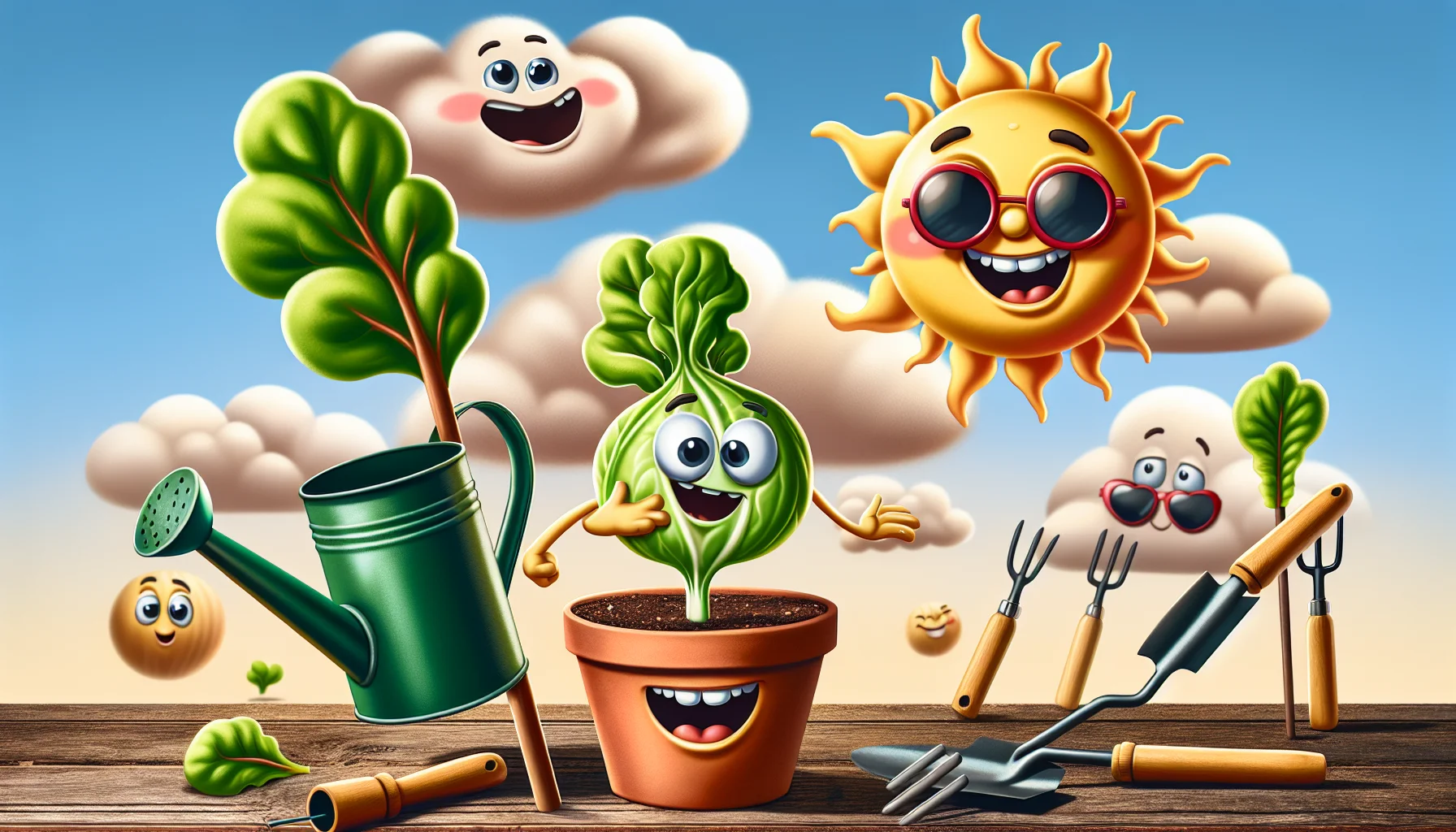 Imagine a humorous scene encouraging gardening, specifically growing lettuce from seed. Picture a small verdant seed sprouting a couple of lettuce leaves in a terracotta pot. Next to it, a cartoonish style watering can with a big goofy smile, eagerly awaiting to water the sprout. There should be background elements like a vibrant sun wearing sunglasses, a couple of fluffy clouds giggling, and gardening tools like a trowel and a spade playfully having a conversation. Every element in the scene is personified, imbued with a joyful disposition to depict an enticing, funny scene of gardening and the pleasure of growing lettuce from seed.