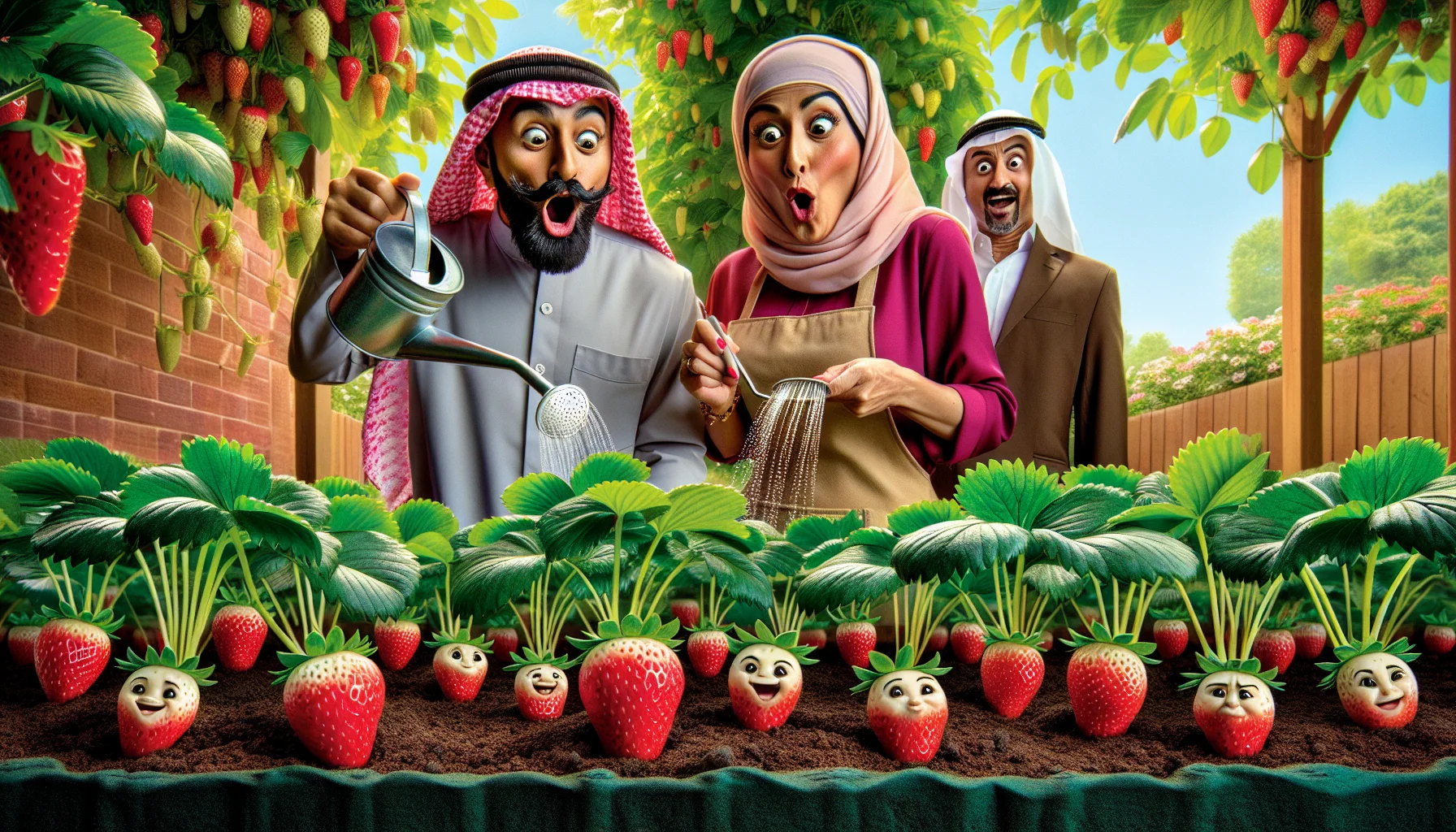 A humorous scenario set in a lush garden with mature strawberry plants laden with ripe, juicy, red strawberries. This scene depicts the journey of strawberries growing from tiny seeds with comic touches. The seeds, characterized with tiny faces showing courage, are embarking on their growth journey. South Asian woman in gardener attire with a surprised look provides a lively atmosphere, while a Middle-Eastern man with a watering can in his hands demonstrates the nurturing stage with exaggerated, funny movements. This fun-filled gardening scene brings laughter while encouraging the joy of gardening at the same time.