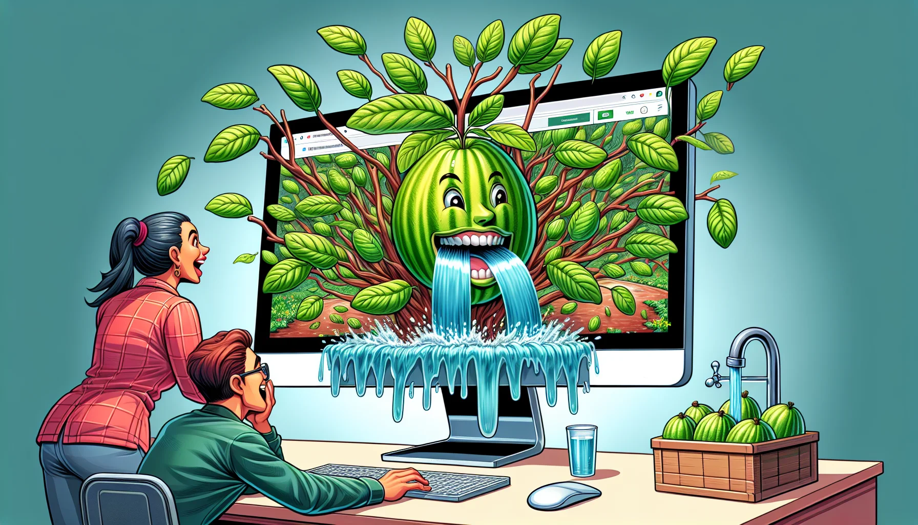 Picture an amusing scene with a webpage titled 'Guava Juice Wiki,' where the entire page seems to have a green thumb. Large, lush, tropical guava leaves are bursting out from the screen edges, making it appear as if the website is sprouting a fruit tree. A stream of animated guava juice flows from a tap on the screen, forming a pool at the base of the monitor. There are two people observing this phenomenal event. One is an Hispanic woman, in her late 40s, laughing, and the other is a Middle-Eastern man, in his early 30s, in utter awe. This image should inspire viewers to take up gardening while enjoying the fun of surfing.