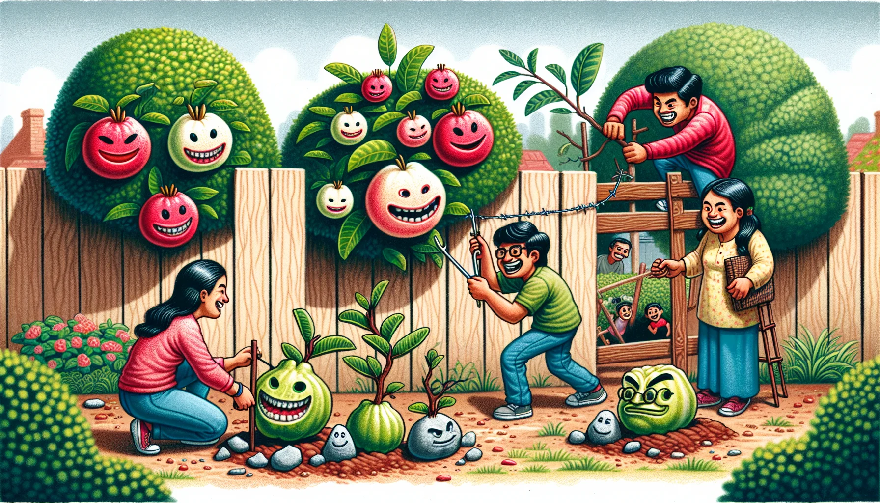 Depict a humorous garden scene that features multiple types of guavas, such as red, white, and pink-fleshed varieties. A South Asian male is engaging in a tug-of-war match with a small, stubborn shrub, while a Caucasian female creates quirky faces out of stones and places them beside the guava plants, inviting laughter. Meanwhile, a Hispanic child curiously explores a gap in a wooden fence, revealing a surprise guava tree. This amusing, light-hearted scene encourages and demonstrates the fun one can have while engaging in gardening.