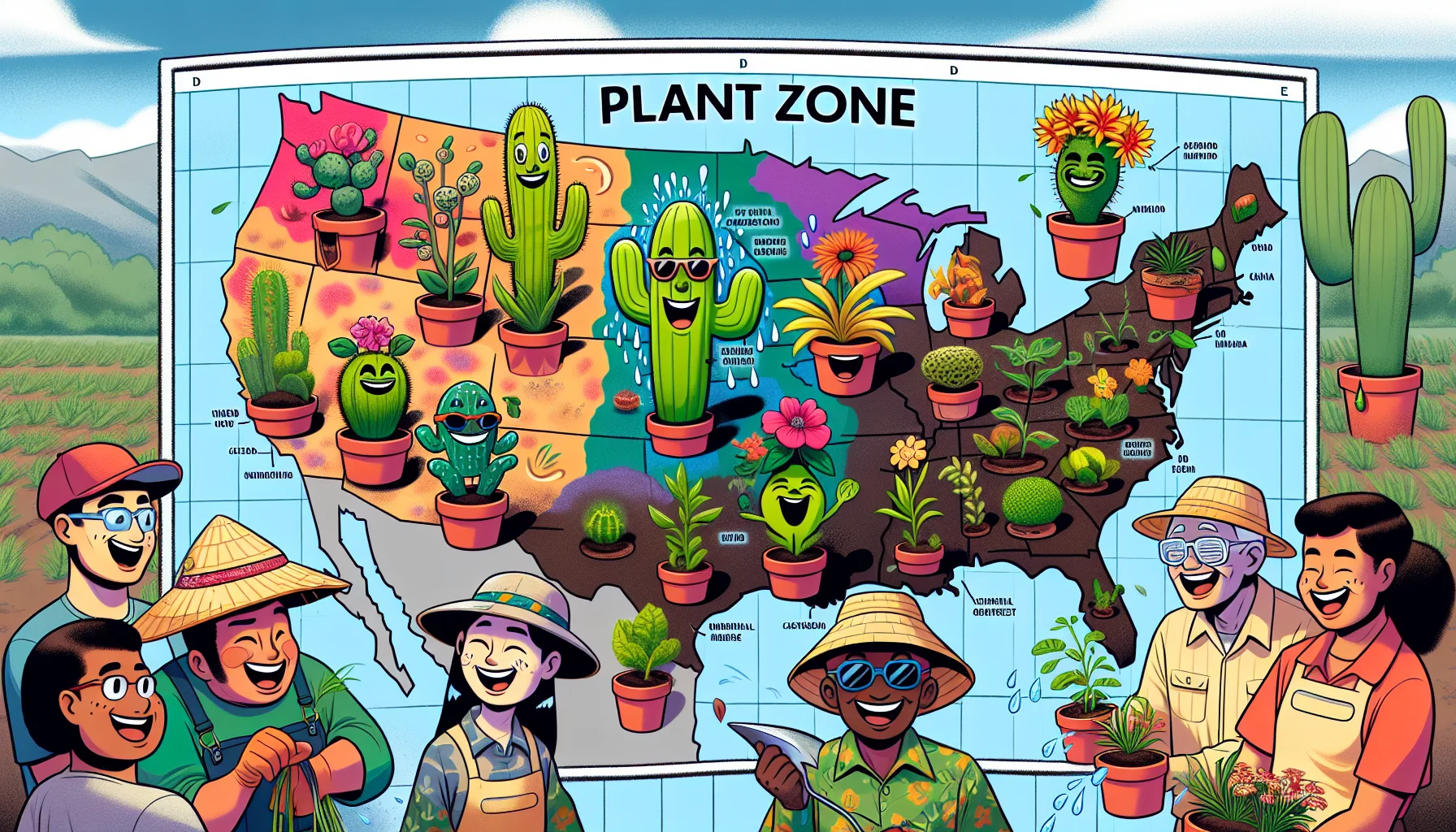 Create an image of a large map detailing various plant zones represented by fun and funky cartoon plants. Each zone is adorned with plants that grow best in that area with expressive faces, such as a cactus in the desert zone with sunglasses or a tropical plant in the rainforest zone with a rain hat. In the forefront, depict a diverse group of people: an Asian woman, a Black man, a Hispanic elderly man, a Middle-Eastern young boy and a Caucasian woman, all laughing and gardening wearing funky gardening hats. Include some humor like a plant surprising a person with a cold splash of water, to portray gardening as a fun activity.
