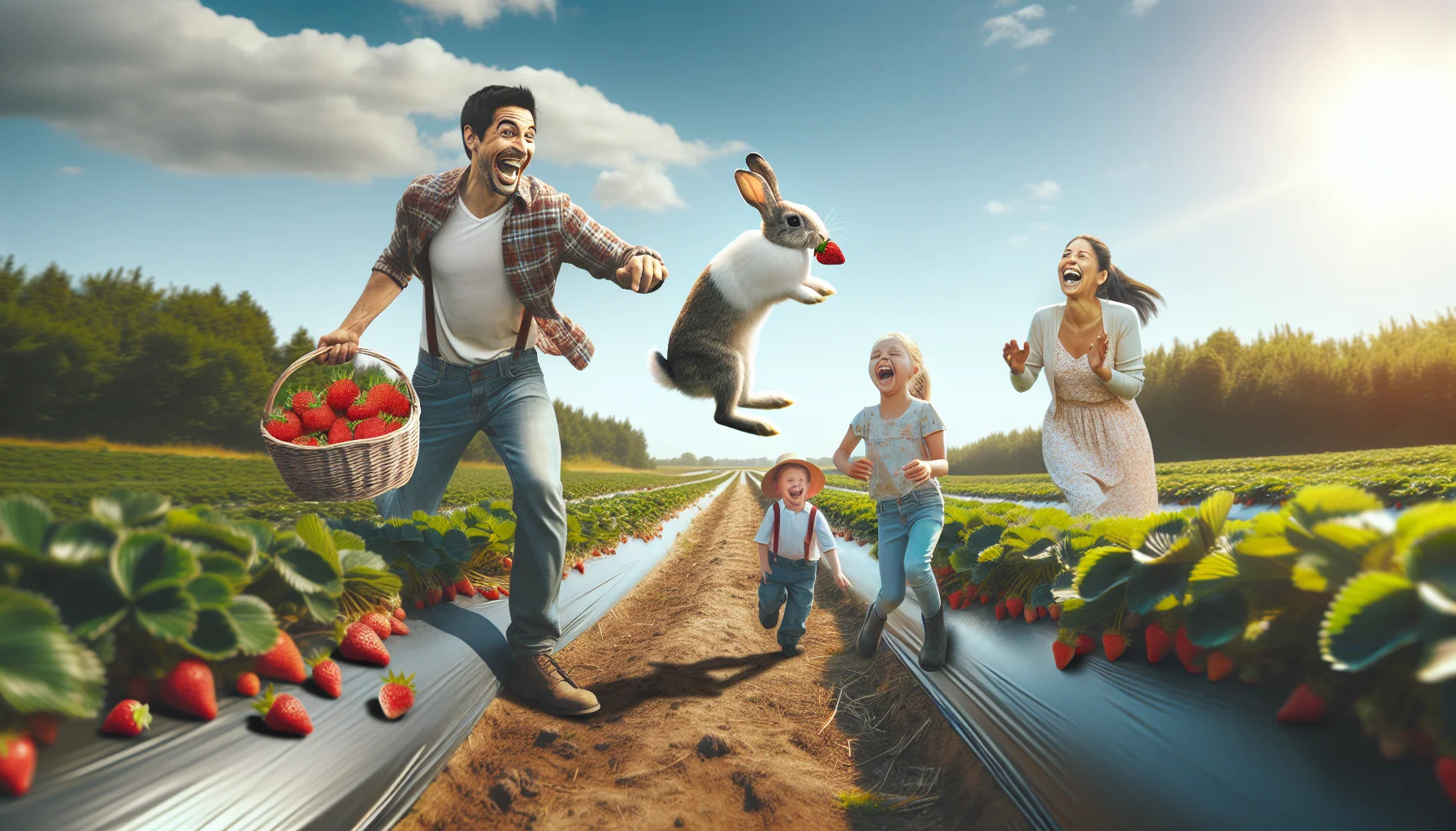 Imagine an amusing, realistic scene in a vast strawberry field, under the bright summer sun. A Hispanic man, clad in casual gardener's attire, is playfully chasing a mischievous bunny that has a strawberry in its mouth. Nearby, a Caucasian woman and a Middle-Eastern child laugh heartily as they watch this event unfold from their picking spot, with half-filled baskets of strawberries beside them. This lighthearted image inspires viewers to take joy in gardening and aspire for the delightful moments it offers.