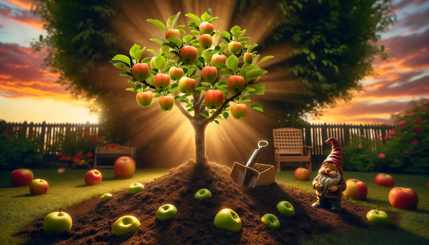Visualize an amusing and realistic scenario showing the growth rate of apple trees to foster the love of gardening. Picture a time-lapse scenario in which a tiny apple sapling, with bright green leaves and robust trunk, sprouts from the ground. Gradually, it matures into a full-grown apple tree laden with vibrant, juicy apples. The transformation happens so swiftly that jolly garden gnome figures in the background appear bewildered. The setting sun bathes everything in a golden glow, an inviting sight for any potential gardener.
