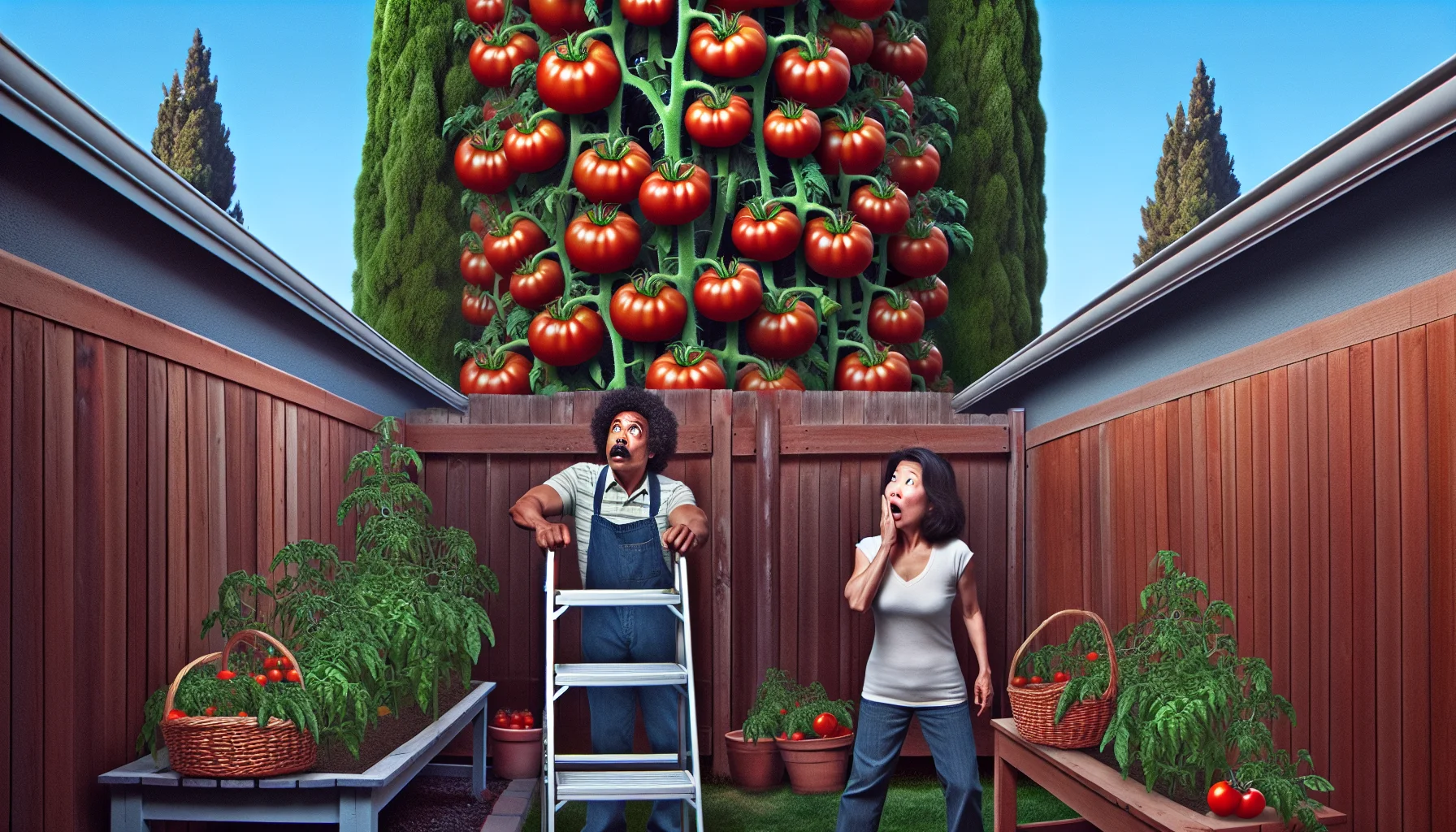 A humorous depiction of a surreal backyard garden where tomato plants have grown to an extreme height, towering above like lush redwood trees. The fruits are of typical size, creating a comical contrast with their tall vines. Below, a surprised gardener, an African-American woman in her 40s, is gazing up at the towering plants with a stepladder at her side, making a playful comment about needing a taller ladder. Her Asian male neighbor in his 30s is peeking over the fence, eyes wide in astonishment. This fun, exaggerated scene inspires and reminds us to engage and find joy in gardening activities.