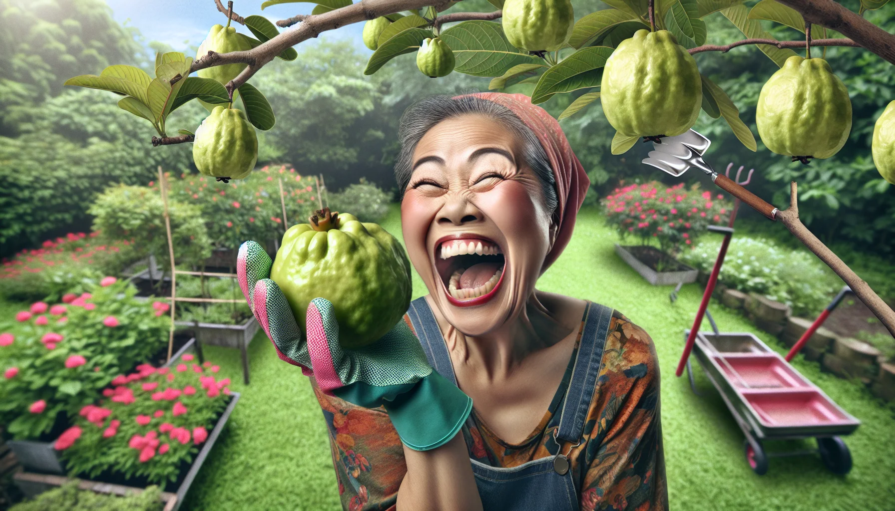 Create a whimsical scenario that showcases how to eat a guava fruit in a lively garden. The scene includes a laughing Asian woman with gardening gloves on, enthusiastically biting into a ripe, juicy guava straight off the tree. The expressions and gestures of the woman should be exaggerated for a comical effect. The garden around her is lush and vibrant, filled with various fruit trees and blooming flowers, signaling the joy and productivity of gardening. This image should feel inviting and entertaining, making gardening and fruit consumption seem like a fun and fulfilling activity.