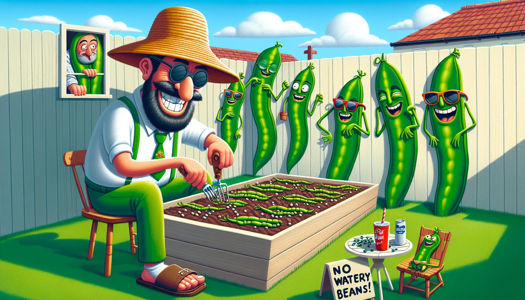 Create a humorous and engaging scene depicting the process of growing green beans, designed to encourage interest in gardening. Picture an oblong backyard garden under a bright sunny day where a jovial, eager gardener, of Middle Eastern descent, decked in a ridiculous oversized sun hat and high-water green slacks, is meticulously planting tiny green bean seeds. Nearby, a white male neighbor, smirking, watches him through the fence, wearing a shirt that says 'the real bean counter'. There are beanstalks wearing sunglasses and flip flops, lounging in mini-chairs, sipping fizzy drinks under a 'No Watery Beans!' sign.