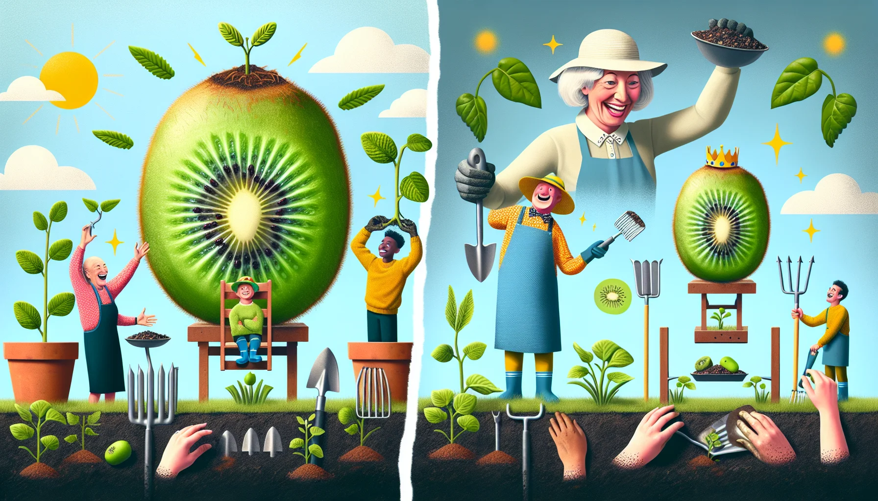 Create a humorous and eye-catching image displaying the process of growing kiwi fruit. Imagine a quirky scene where a Caucasian adult woman and a Black teenage boy are working in the garden with smiles on their faces, muddy hands, and sun hats on their head. A kiwi fruit appears to be sitting on top of a tiny throne with a sign that reads 'King of the Garden', while the two gardeners are hilariously bowing to it. Make sure to also visually represent the different stages of kiwi growth from seedling to fruit. The idea should inspire people to enjoy the fun aspect of gardening.