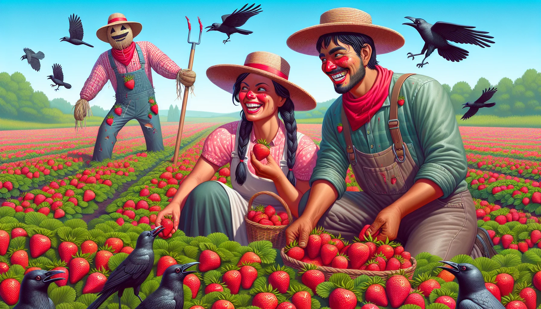 Imagine a humorous scene taking place in a vibrant strawberry field. A Caucasian female farmer and a Hispanic male farmer are kneeling down, picking ripe red strawberries. They wore straw hats to protect themselves from the summer sun, and their faces were smeared with strawberry juice, making it look like they had echoic red lipstick and rouge on. A group of crows nearby attempt to steal the fruits but the clever scarecrow wearing the farmer's old clothing keeps them at bay causing a funny spectacle. This light-hearted image encourages the joy of gardening.