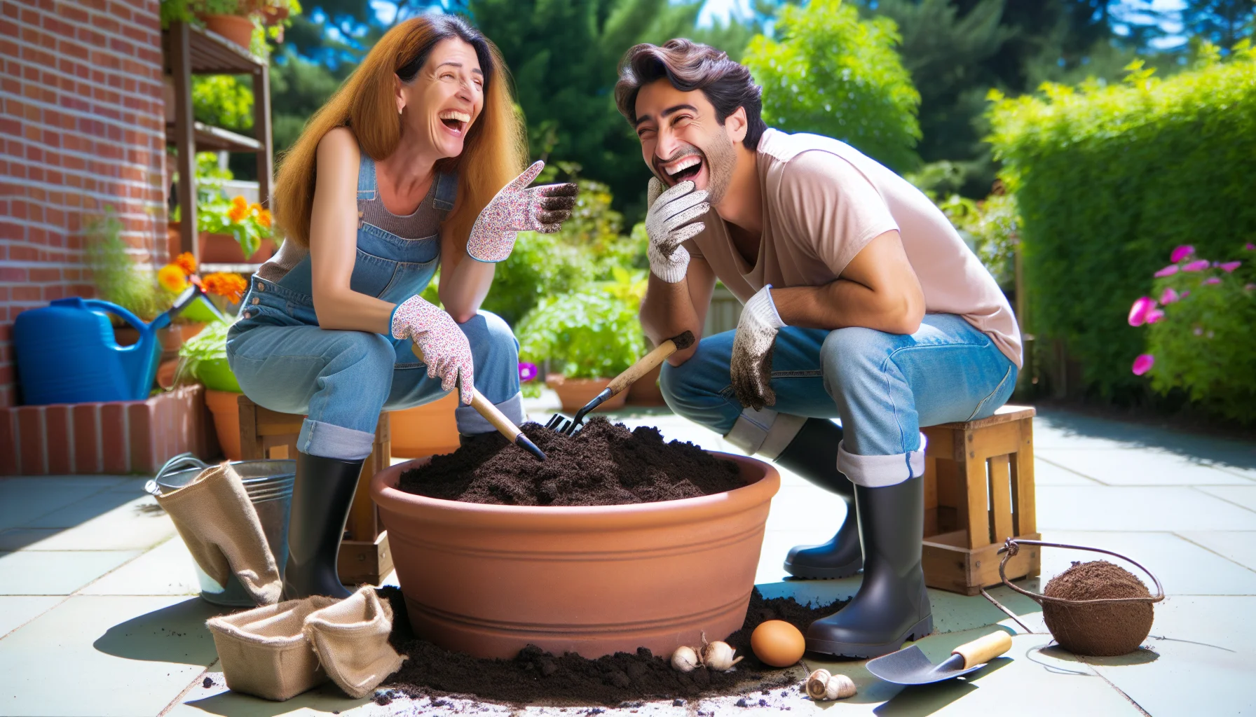 Create a humourous, realistic image centered on the theme of preparing garden soil. Show two individuals, a Middle Eastern woman in her 40s and a Hispanic man in his 30s, in a sunny outdoor setting. They are both dressed casually, wearing gardening gloves and boots, engaged in turning compost and soil inside a large pot. The woman has a playful expression as if just having told a joke and the man is laughing heartily, knee-deep in the pot. At their feet, a variety of garden tools are scattered. Use this scene to demonstrate the fun side of gardening.