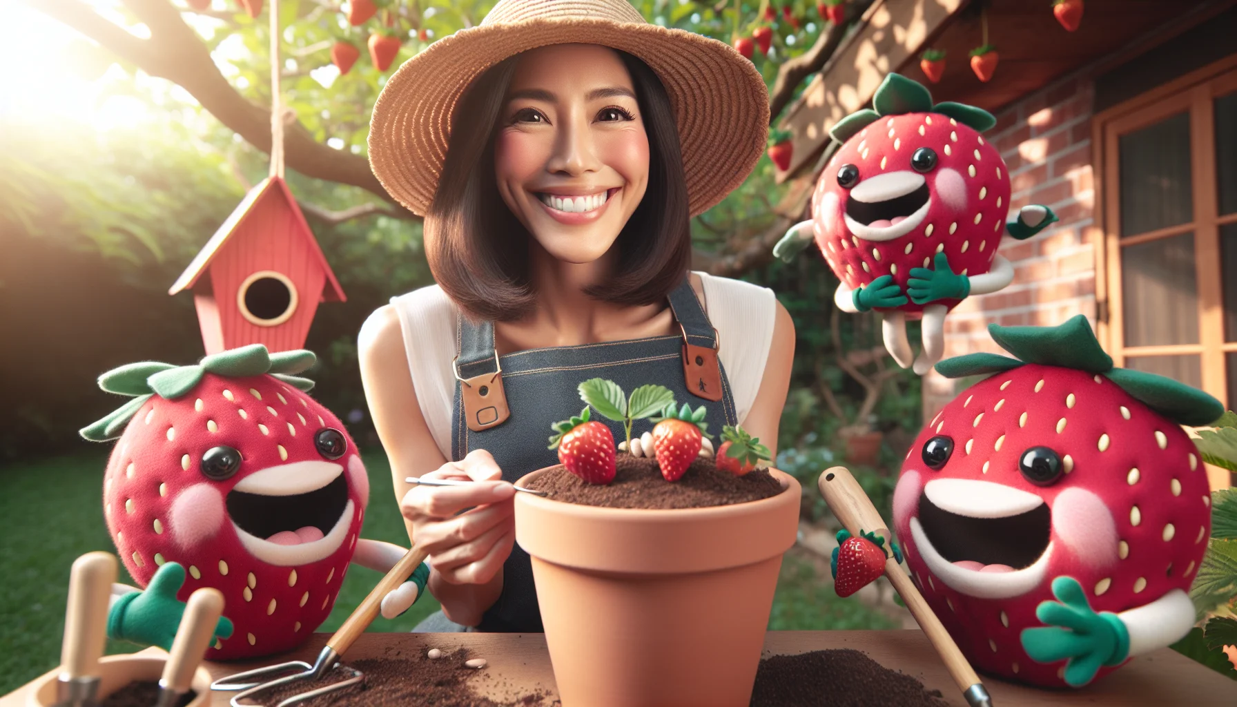 Create a playful and humorous image of a gardening lesson, as demonstrated by a South Asian female gardener with a radiant smile on her face. She's wearing a straw hat and an apron full of gardening tools, gently embedding a handful of strawberry seeds into fluffy, rich soil inside a terracotta pot, while a group of anthropomorphic strawberries cheer her on from the side. The surroundings hint at a sunny afternoon in the backyard, with a birdhouse hanging above from an apple tree, adding to the idyllic scene.