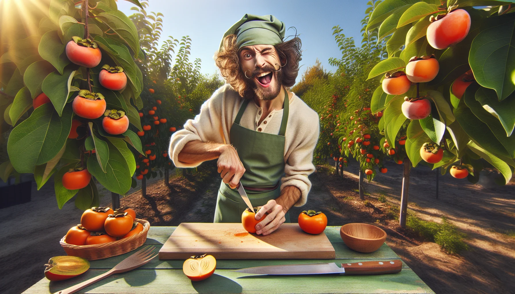 An amusing yet informative image that exhibits the process of preparing a persimmon fruit. A slight jester character, Caucasian male with curly hair and expressive gestures, is seen wearing a green apron over a light-colored clothing. He is standing in a sunny garden, full of lush green plantations and persimmon trees loaded with bright orange fruits. Equipped with a wooden cutting board, a knife, and a freshly picked persimmon, he dramatically strikes a pose where he playfully winks and sticks his tongue out, about to begin the preparation. In order to motivate all to participate in gardening and experience the joy of harvesting own fruits.
