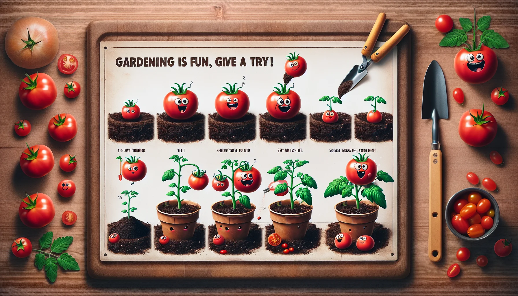 Craft an amusing image demonstrating the steps of nurturing a tomato plant. Showcase every stage from planting a tiny seed in rich soil to producing shiny, ripe red tomatoes. Encapsulate a sense of humor by incorporating light-hearted, whimsical elements such as cartoon-like, over-sized gardening tools or expressively funny vegetables with cheerful faces. Add an encouraging caption saying, 'Gardening is fun, give it a try!' to motivate viewers towards embracing and savouring the experience of gardening.