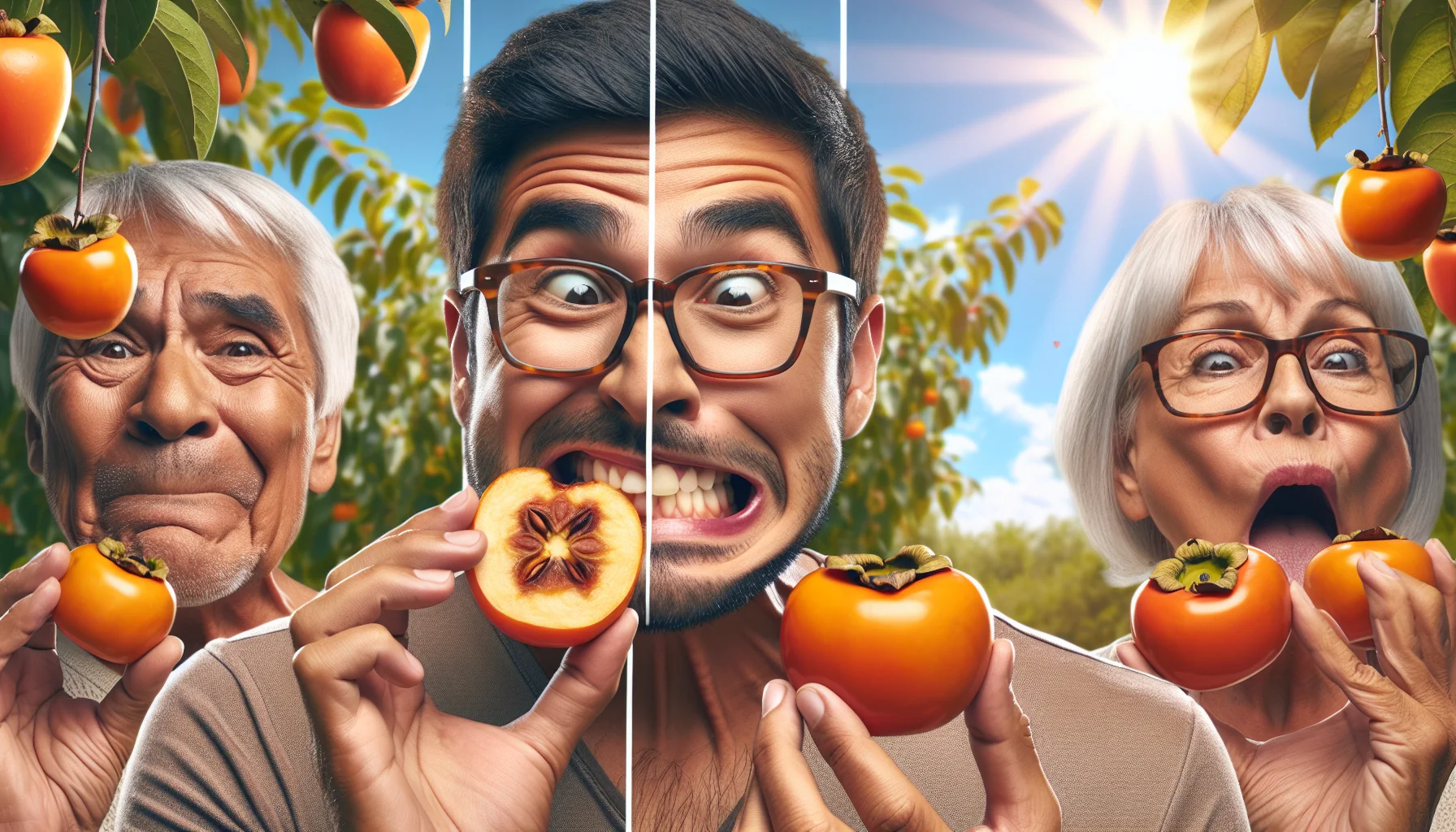 Create a humorous and realistic scenario set in a sunlit garden. Picture a split screen scenario, on one side, depict a South Asian man with a carefree smirk, erroneously biting into an unripe, hard, and light-colored persimmon, reflecting his minor gardening mishap. His facial expression should clearly say 'oops!' On the other side, portray an older, Caucasian woman with eyeglasses, holding a brilliantly orange and slightly soft persimmon, indicating ripeness. She should have an amused expression, witnessing the man's comical error. The backdrop should feature healthy, green persimmon trees under a bright sunny sky, encouraging a love for gardening.