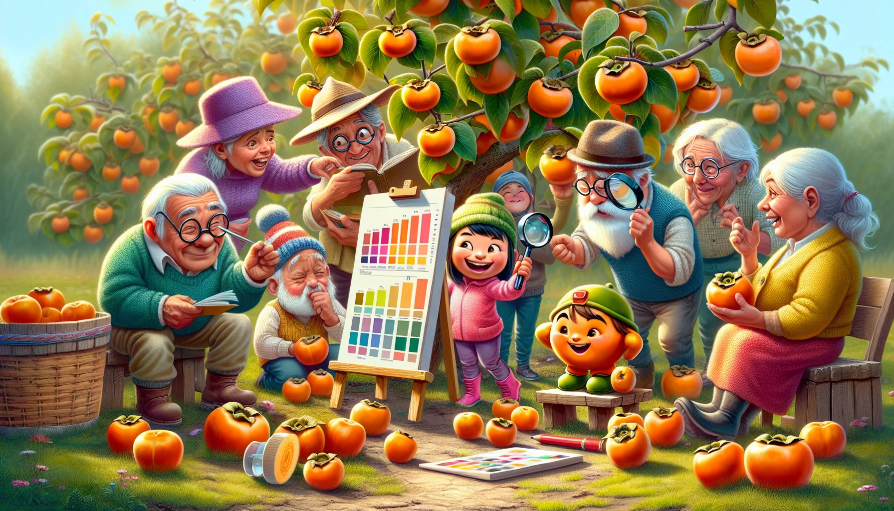 Create a detailed image of a funny and engaging scenario in the garden where different characters show how to determine if persimmons are ripe. They use unusual items, like a comedy-sized magnifying glass and a cute, well-behaved garden gnome holding a color chart for comparison. The gathered characters could be adults and children, an elderly Middle-Eastern man and a young Hispanic girl, all wearing cheerful gardening hats and gloves, in the midst of laughing while examining the tree filled with vibrant, orange persimmons. The image is meant to inspire joy in the prospect of gardening.