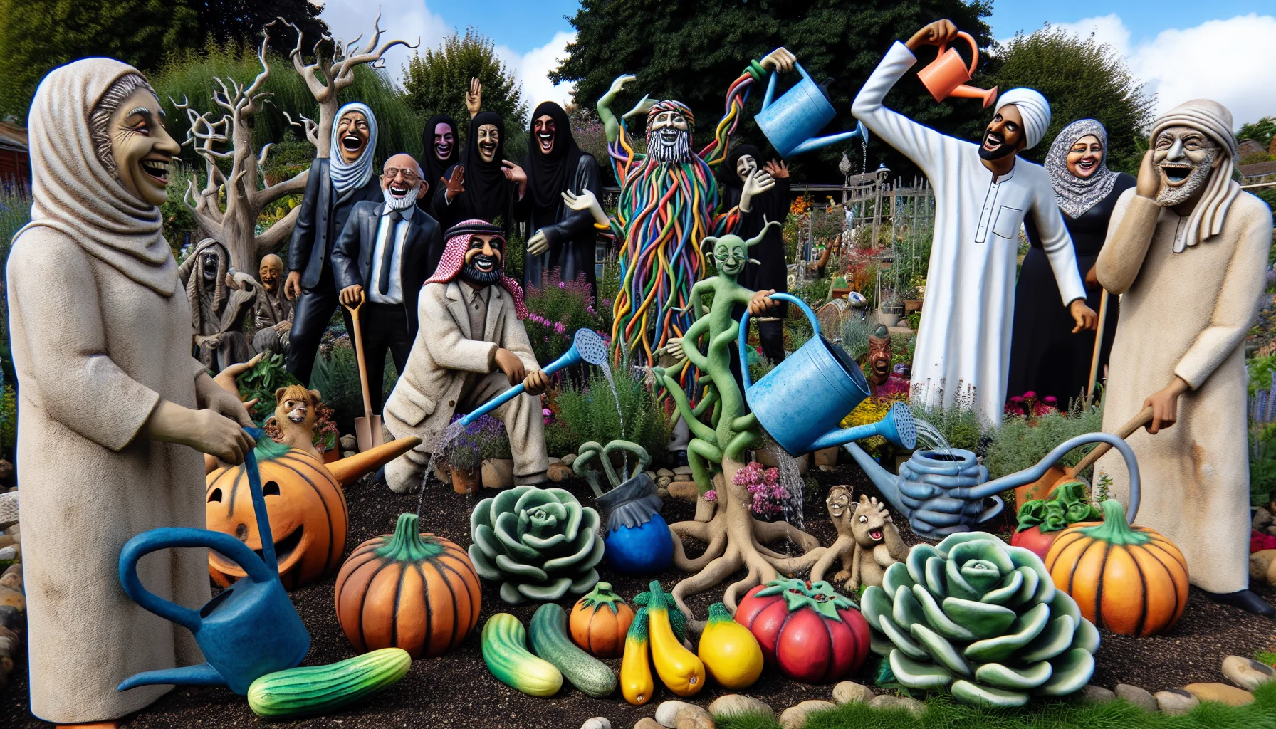 A vivid scene in a garden filled with Hypertufa garden sculptures taking on a life of their own in a humorous way. One could be mischievously watering the plants with overgrown water cans, another posing dramatically with a spade, a third juggling colorful, oversized, garden vegetables while a fourth is hilariously tangled in a garden hose. In the background, diverse group of people, some Middle-Eastern, Black, Caucasian, Hispanic and South Asian, both male and female, laugh, point and take pictures, thus encouraging the joy of gardening.