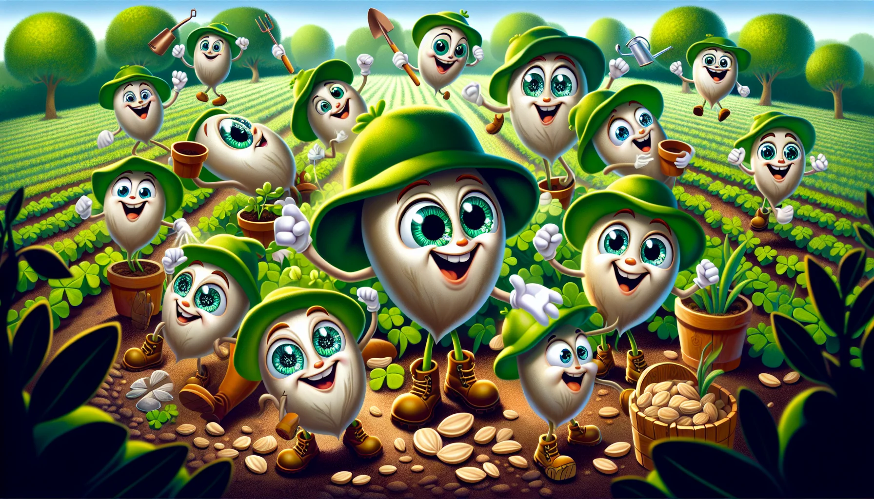 Illustrate a charming and humorous scene of Irish eyes garden seeds. Imagine a group of animated, anthropomorphic garden seeds of various types, each with a pair of twinkling Irish eyes and a smile to match, frolicking around in a lush garden. They are enthusiastically performing different gardening tasks like digging, planting, and watering, and seem to be having a great time. Their infectious energy and enjoyment is clearly designed to motivate viewers to join in the fun of gardening.
