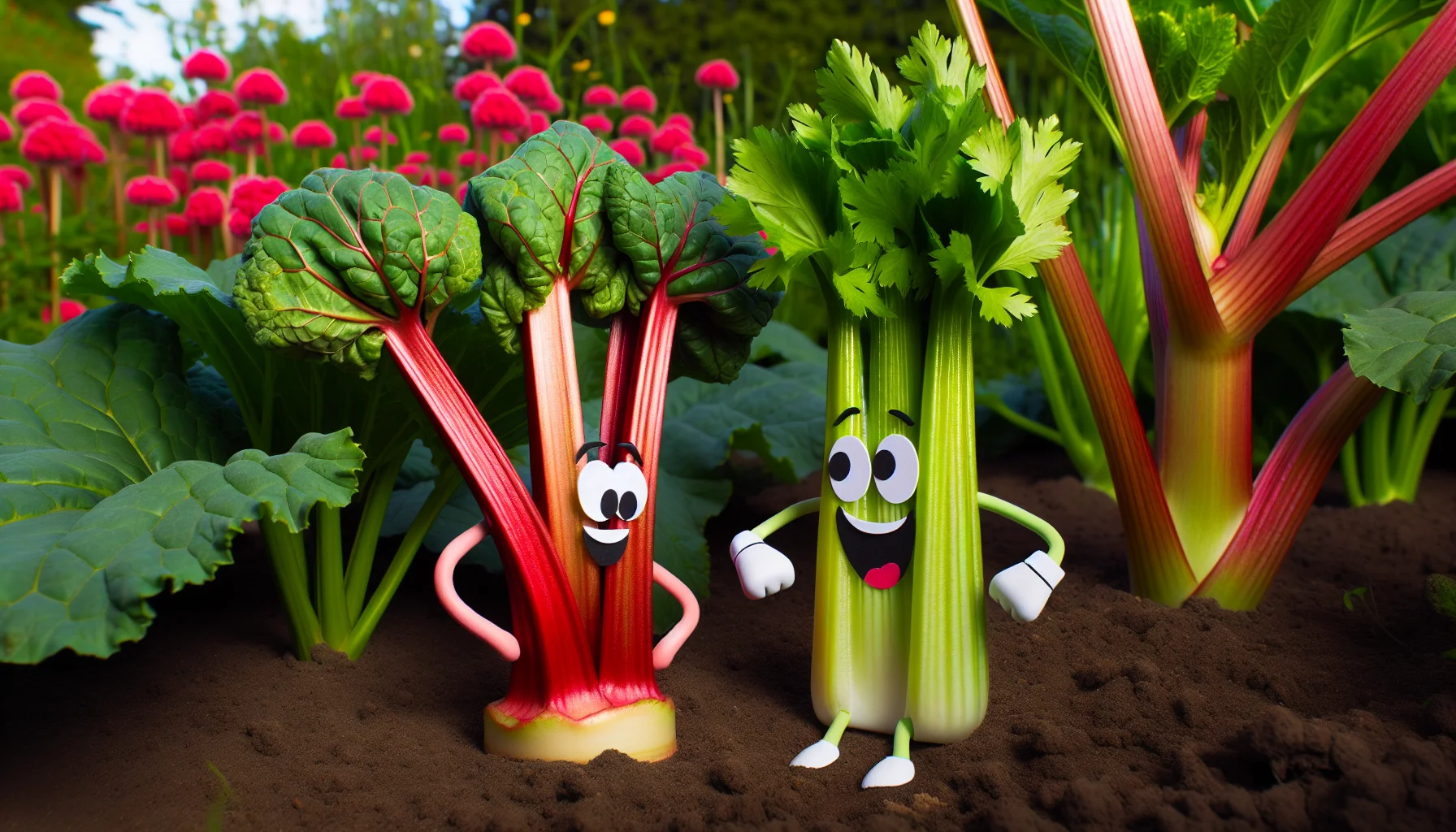 Create a humorous scenario situated in a vibrant garden where a rhubarb and a celery stalk, anthropomorphized with expressive faces and limbs, are depicted in a friendly mock debate over their family ties. The rhubarb, with its crimson stalks and huge leaves, emphasizes its own uniqueness, while the celery, tall and leafy green, refutes the family connection. This playful exchange is meant to inspire and bring joy to the gardening experience.