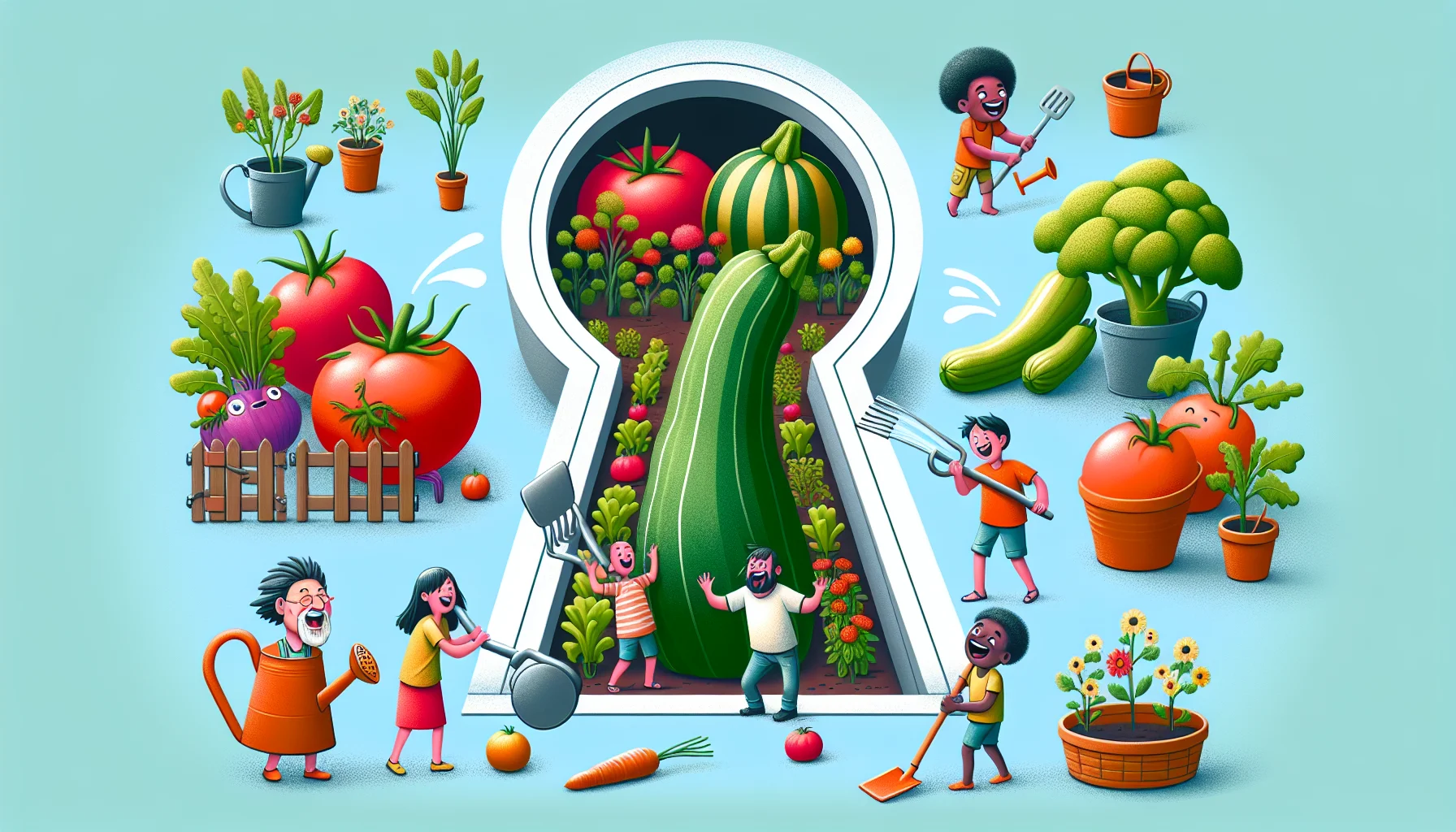 Imagine a creative scene of a keyhole garden. In this whimsical space, a range of vegetables like tomatoes, lettuce, and carrots grow wildly. In one funny scenario, a Chinese man is seen laughing as he unluckily stumbles over a zucchini. Nearby, a Mexican woman is amused while holding a huge, unusual-shaped tomato. African joyful kids are gleefully watering the plants with oversized watering cans. This unique size comparison adds to the humor. The overall scenario encourages an enjoyment of gardening, highlighting the freshness and diversity of homegrown foods all in the quirky layout of a keyhole garden design.