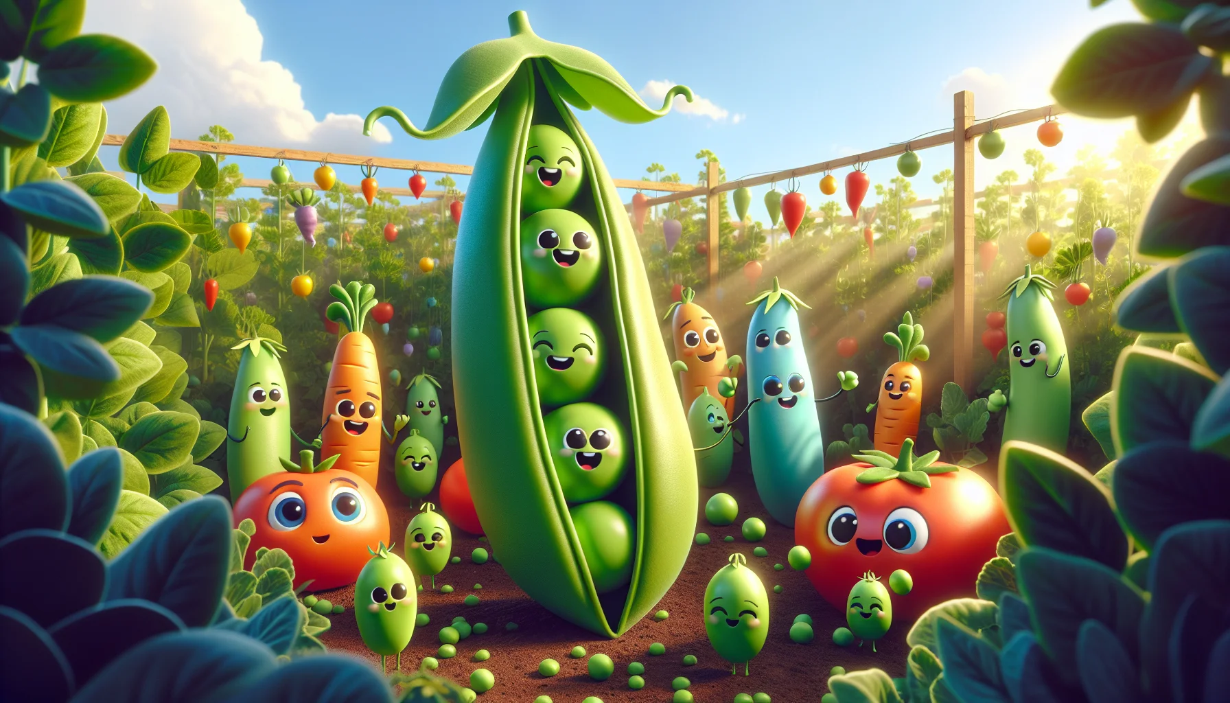 Imagine a brightly colored garden scene under the midday sun with soft shadows and vibrant green plants. There's a pea pod at the center of the scene, unusually large, almost as tall as a human being. From its insides, cute, happy pea characters are peeking out with welcoming smiles on their faces. They are waving and encouraging people to join them in the fun of gardening. Around them, other vegetables like smiling tomatoes and cheerful carrots are joining the revelry. The ambiance is joyous, exhibiting the delight of nurturing plants and the satisfying process of homegrown produce.