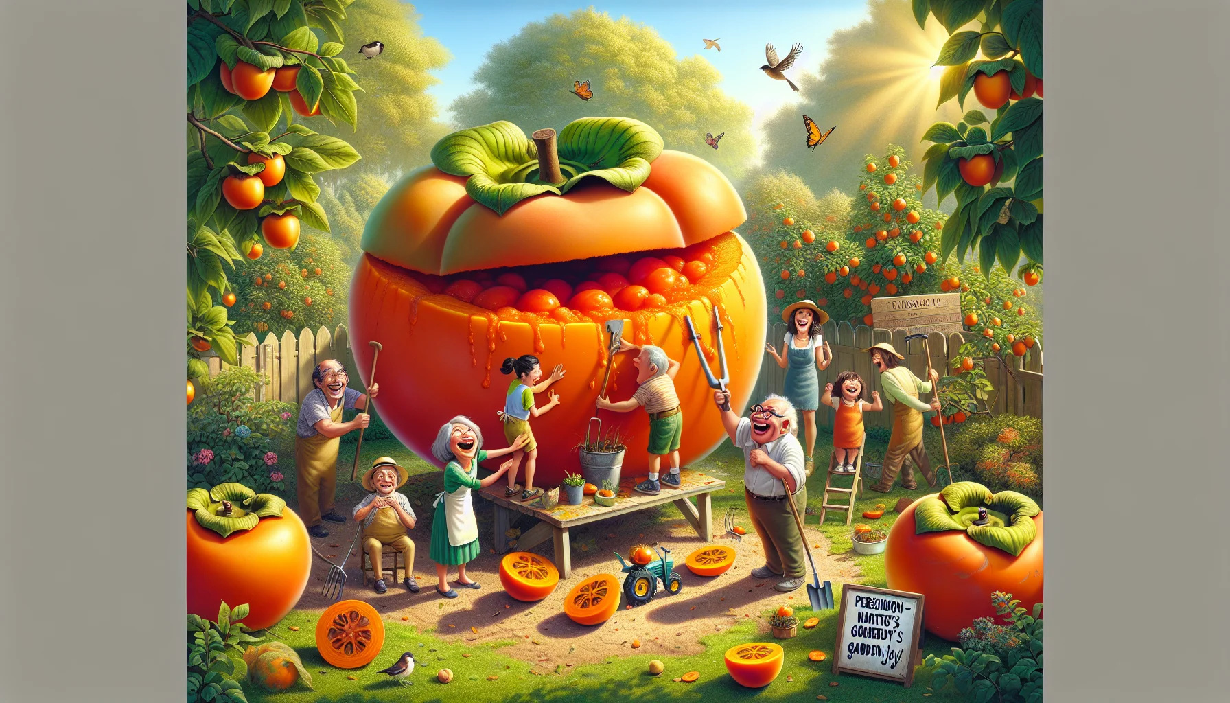 Imagine a humorous scenario in a lush green garden, where giant ripe persimmons have just burst open revealing their vibrant orange pulp. In this charming and inviting scene, laughter bubbles up as a group of adults and children of diverse descents joyfully engage in gardening activities. They curiously and playfully explore the oversized persimmon pulp with their garden tools. Birds chirp overhead, butterflies flutter around, and the sun lazily filters through the leafy trees, bathing the garden in a warm, golden glow. A sign hangs nearby reading: 'Persimmons - Nature’s Comedy, Garden’s Joy!'. This whimsically realistic scene makes the joy of gardening palpable.