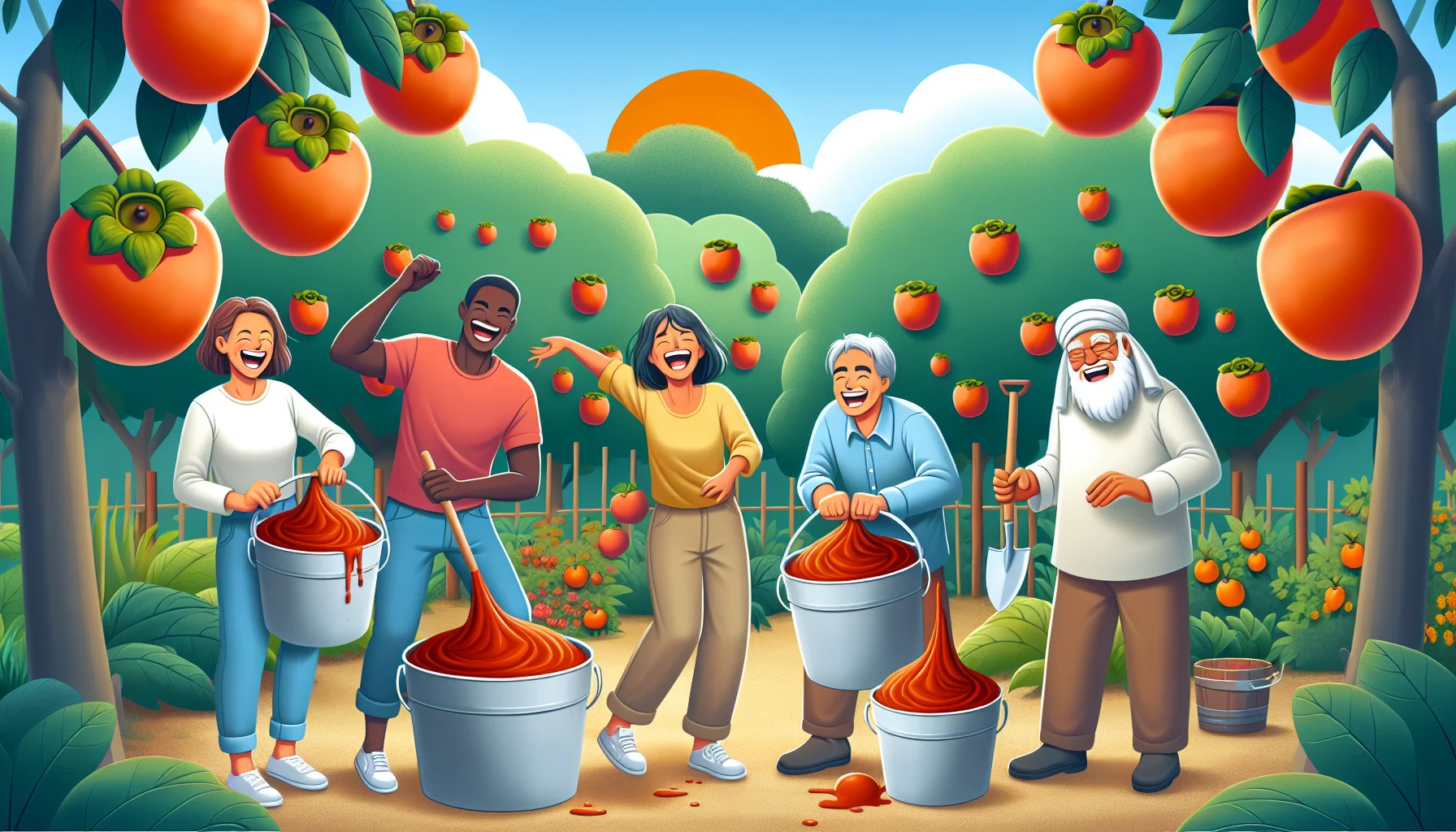 Create a whimsical image featuring a garden setting. In the foreground, lets have a diverse array of people gleefully partaking in gardening activities - a Caucasian woman, a Black man, a Hispanic child, and a Middle-Eastern elderly man. In the background, let's see lush vegetation bearing ample persimmons. In the middle, let's introduce an unusual sight: buckets filled with richly-coloured persimmon puree. The people seem to be using the puree as fertilizer, laughing with joy, suggesting the puree's magical properties for plant growth - a fun touch that only adds to the charm and allure of gardening.