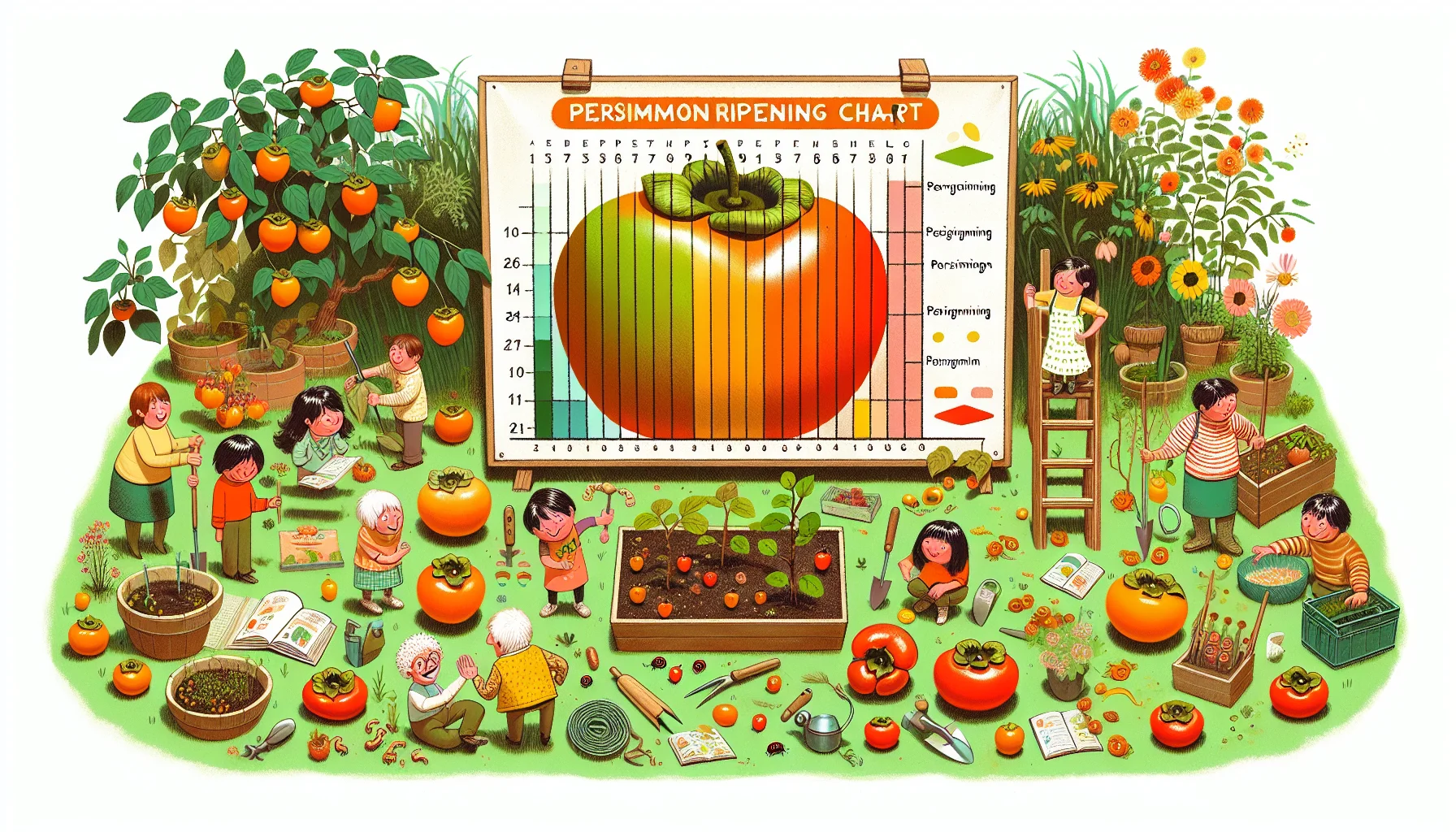 Create a lively and amusing illustration of a persimmon ripening chart in an enticing gardening scenario. The chart should feature persimmons at different stages of ripeness, from green all the way to deeply orange. Surrounding the chart, design a lively garden with plants, blooming flowers, gardening tools scattered about, and imagined garden creatures adding comedic charm, like a laughing worm or dancing ladybug. Leave a small space for a comically oversized persimmon being tended and admired by a group of diverse and jovially engaged gardeners of various descents and genders.